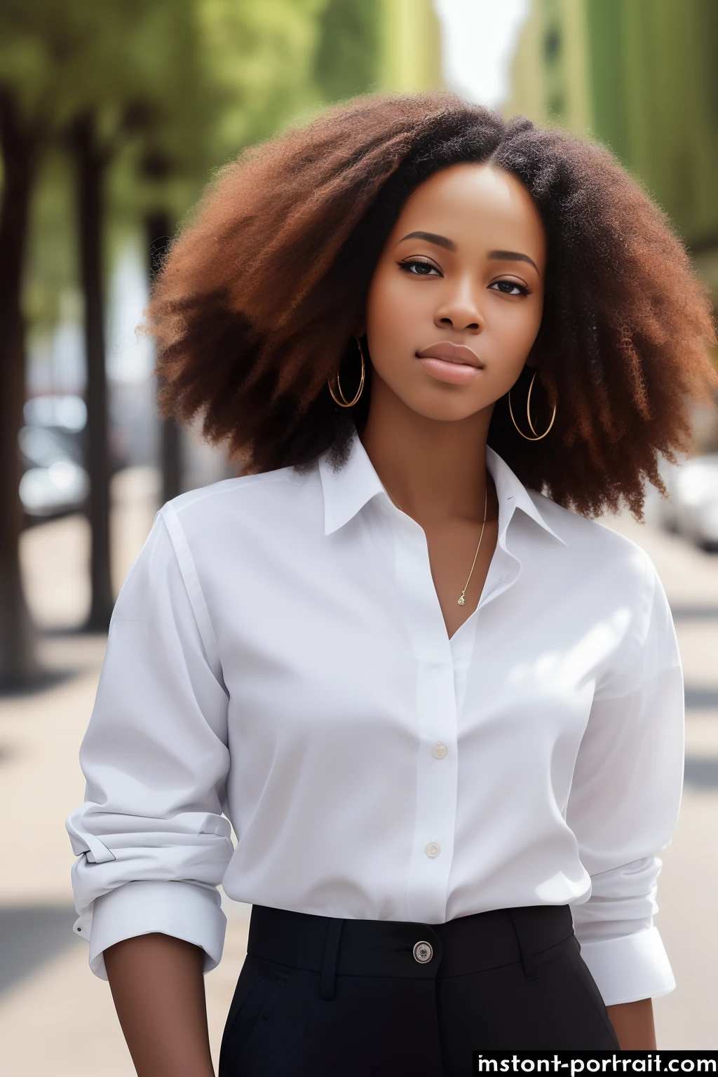(best quality,4k,8k,highres,masterpiece:1.2),ultra-detailed,(realistic,photorealistic,photo-realistic:1.37),portrait,close-up,woman,white shirt,black pants,young,black,afro hair,city background,natural hair,beautiful,intense gaze,natural complexion,african american,light skinned,button up shirt,stylish attire,confident expression,serene,high cheekbones,sleek hairstyle,piercing eyes,glossy lips,subtle makeup,graceful,modern,urban setting,sophisticated look,vivid colors,vibrant lighting,sharp focus,fine details,professional quality,striking beauty,stylish fashion,black excellence