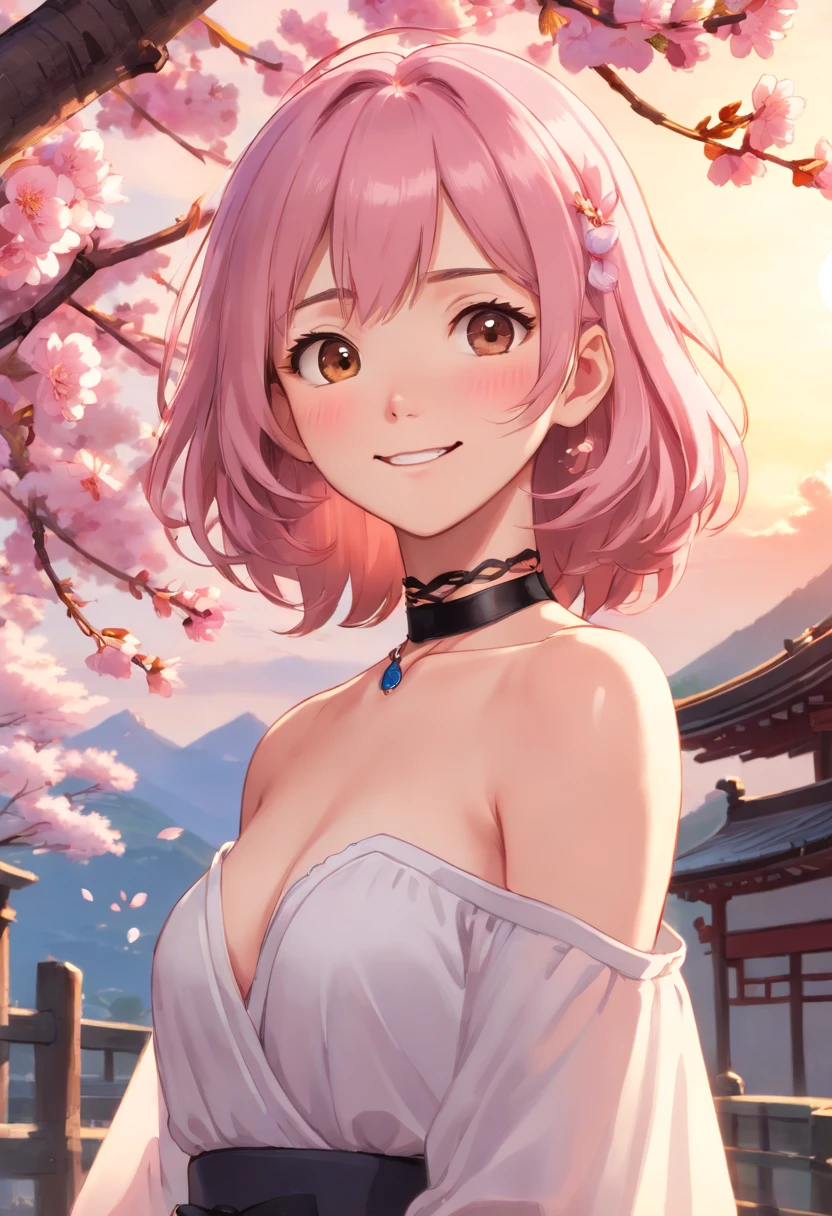 best quality, ultra high res, (photorealistic:1.4), 1girl, nude, small breast,pink nipples, black choker, smile, bare shoulders, solo focus, looking at viewer,fair skin,sunset,cherry tree,photon mapping, physically-based rendering, RAW photo, highly detailed background,kpop idol,depth of field,torii,cherry blossoms,hair ornament,detailed face,shiny skin,game cg,full body,