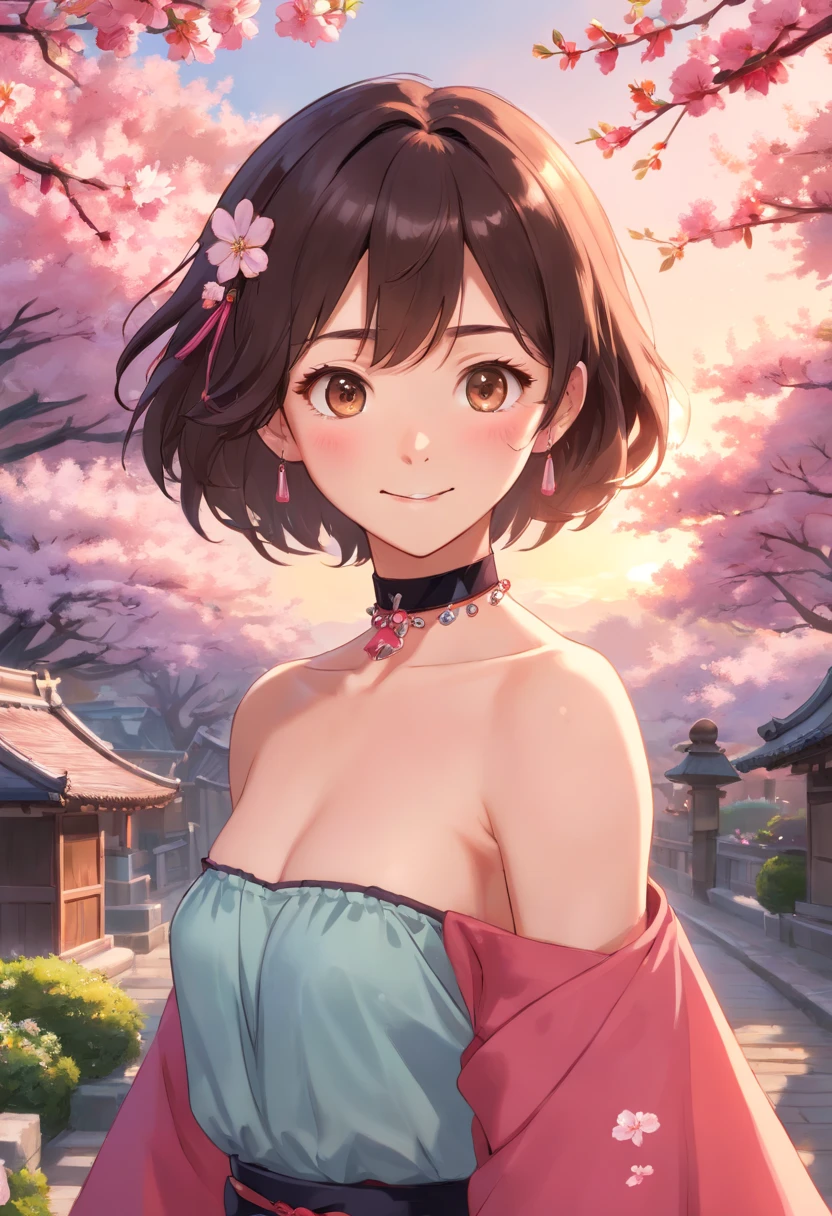 best quality, ultra high res, (photorealistic:1.4), 1girl, nude, small breast,pink nipples, black choker, smile, bare shoulders, solo focus, looking at viewer,fair skin,sunset,cherry tree,photon mapping, physically-based rendering, RAW photo, highly detailed background,kpop idol,depth of field,torii,cherry blossoms,hair ornament,detailed face,shiny skin,game cg,full body,