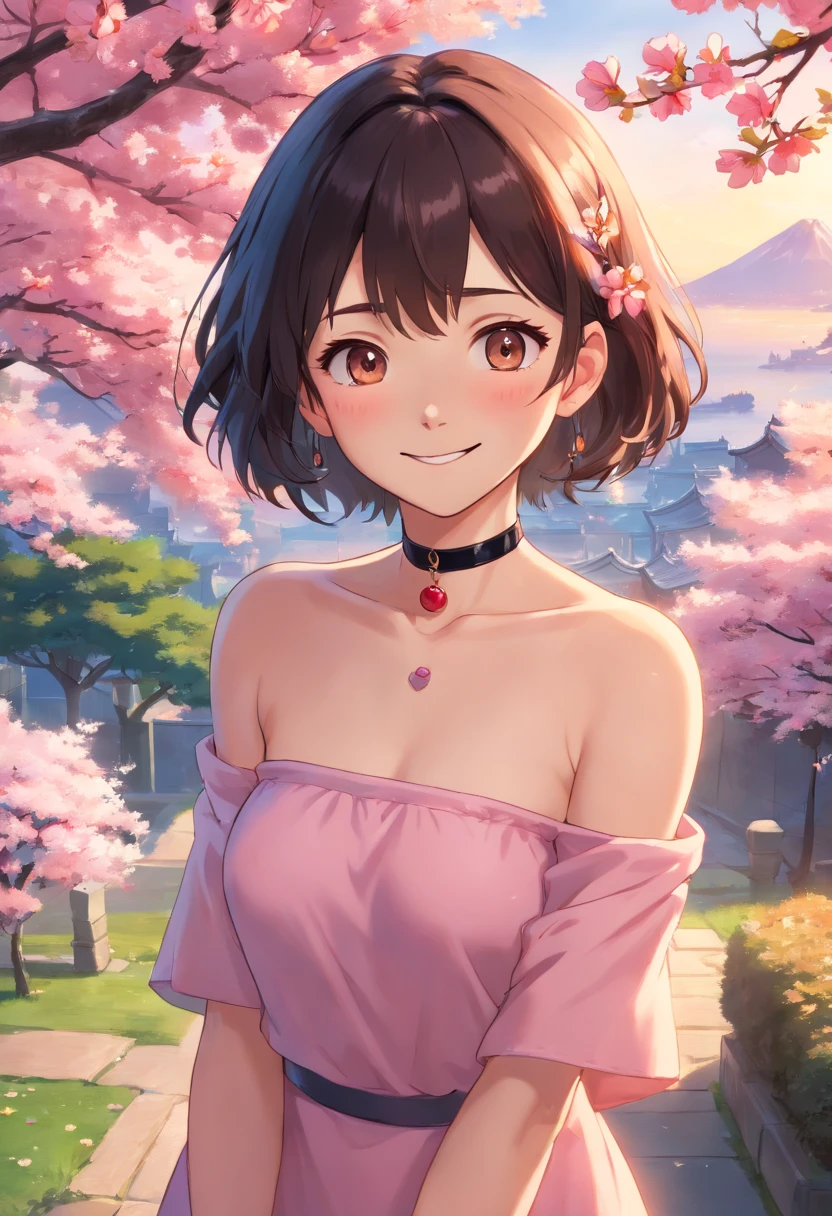 best quality, ultra high res, (photorealistic:1.4), 1girl, nude, small breast,pink nipples, black choker, smile, bare shoulders, solo focus, looking at viewer,fair skin,sunset,cherry tree,photon mapping, physically-based rendering, RAW photo, highly detailed background,kpop idol,depth of field,torii,cherry blossoms,hair ornament,detailed face,shiny skin,game cg,full body,