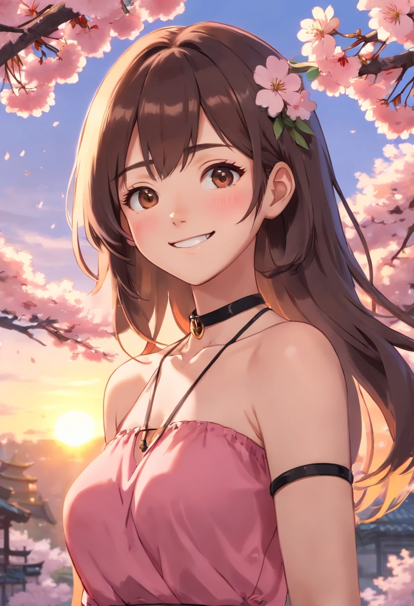 best quality, ultra high res, (photorealistic:1.4), 1girl, nude, small breast,pink nipples, black choker, smile, bare shoulders, solo focus, looking at viewer,fair skin,sunset,cherry tree,photon mapping, physically-based rendering, RAW photo, highly detailed background,kpop idol,depth of field,torii,cherry blossoms,hair ornament,detailed face,shiny skin,game cg,full body,