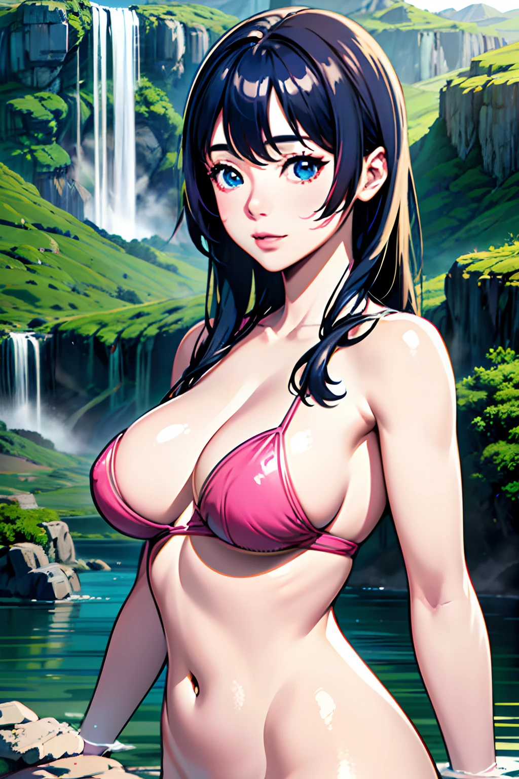 A very beautiful happy girl bathing near a clear and cool waterfall Pink skin Blue eyes Dark hair Detailed face Detailed body Realistic model Highly detailed natural scenery 8k Cgi resolution