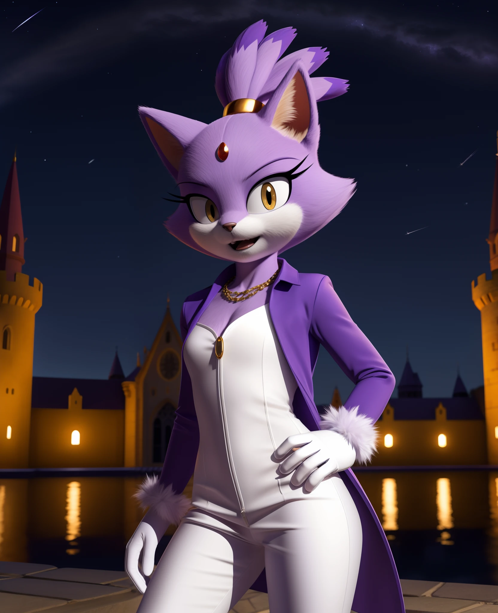 masterpiece, best quality, highres, Blaze The Cat,  1girl, gold necklace, white jumpsuit, animal_ears, closed_mouth, red forehead_jewel, fur-trimmed_gloves, fur_trim, furry, furry_female, gloves, long_sleeves, purple_coat, purple_hair, solo, standing, tied_hair, topknot, white_gloves, white_pants, yellow_eyes, tail, photo background,  night sky, castle, solo, shooting star, star \(sky\), perfect hands, perfect anatomy