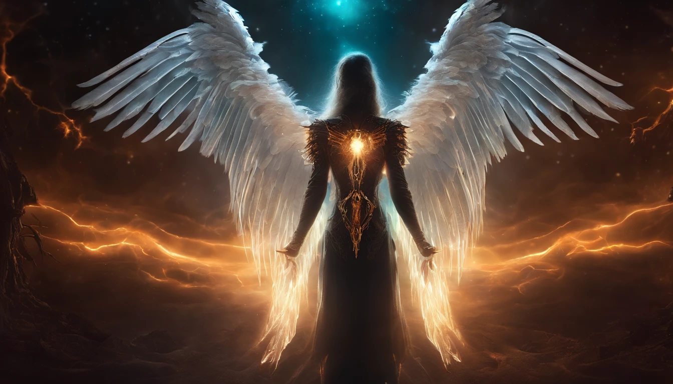 Cosmic Fallen Angel, glowing light eyes, Biomechanical, eerie, Creepy, nightmarish, Very bright colors, Light particles, with light glowing, Mshiv, wallpaper art, UHD wallpaper