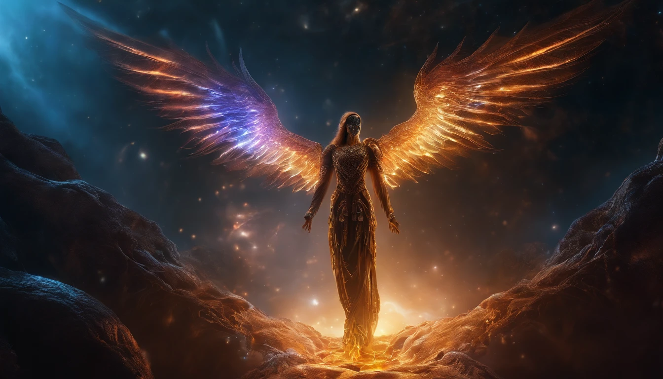 Cosmic Fallen Angel, glowing light eyes, Biomechanical, eerie, Creepy, nightmarish, Very bright colors, Light particles, with light glowing, Mshiv, wallpaper art, UHD wallpaper
