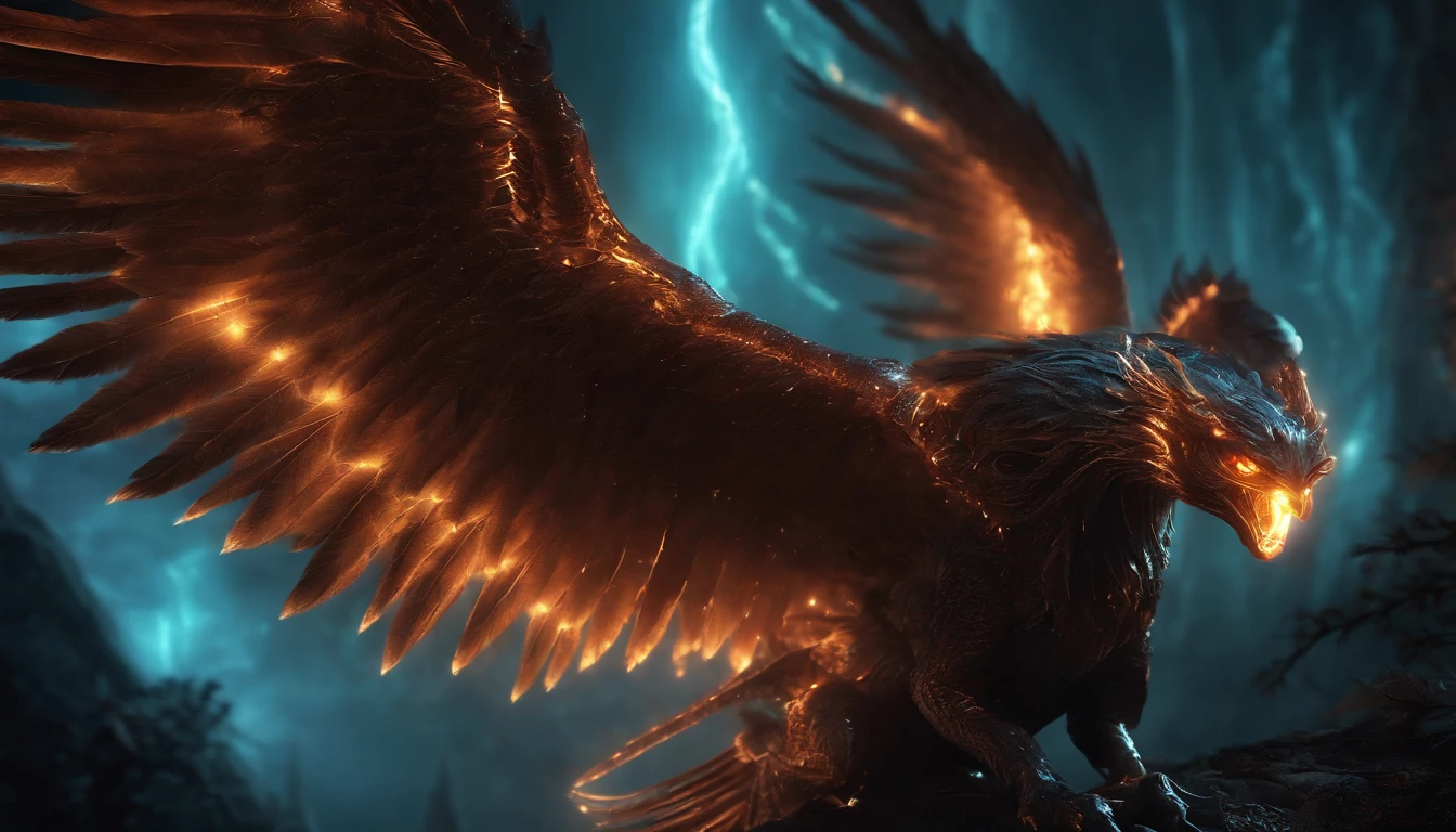 Cosmic Fallen Angel, glowing light eyes, Biomechanical, eerie, Creepy, nightmarish, Very bright colors, Light particles, with light glowing, Mshiv, wallpaper art, UHD wallpaper