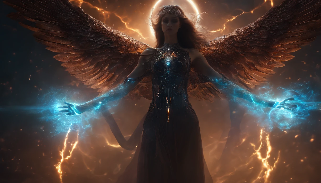 Cosmic Fallen Angel, glowing light eyes, Biomechanical, eerie, Creepy, nightmarish, Very bright colors, Light particles, with light glowing, Mshiv, wallpaper art, UHD wallpaper