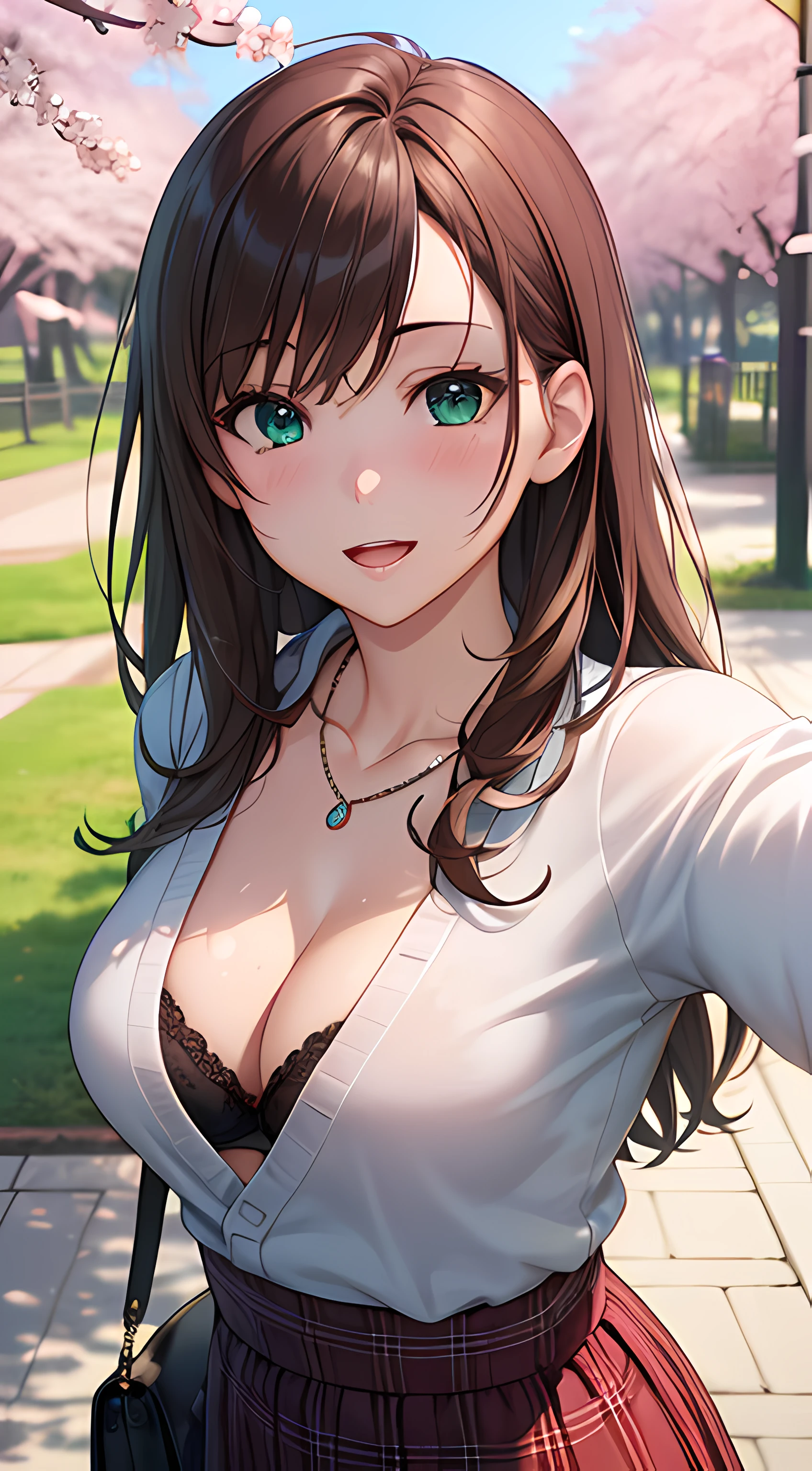 ((masterpiece, best quality, highres, UHD, perfect pixel, depth of field, 4k, RTX, HDR))), 1girl, single, solo, beautiful anime girl, beautiful artstyle, anime character, ((long hair, bangs, brown hair)), ((green eyes:1.4, rounded eyes, beautiful eyelashes, realistic eyes)), ((detailed face, blushing:1.2)), ((smooth texture:0.75, realistic texture:0.65, photorealistic:1.1, anime CG style)), ((medium breasts, cleavage, busty)), dynamic angle, perfect body, ((POV, selfie pose, portrait)), ((white sweater, long sleeve, black skirt, plaid skirt, fashionable, 1handbag, 1diamond necklace, visible bra:0.95)), smile, open mouth, amusement park, ((cherry blossom tree, cherry blossoms fall))