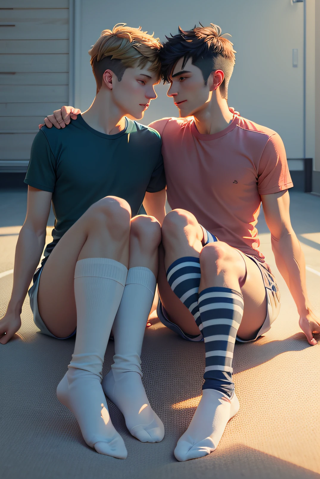 two gay male playing socked footsies in soccer socks cuddling