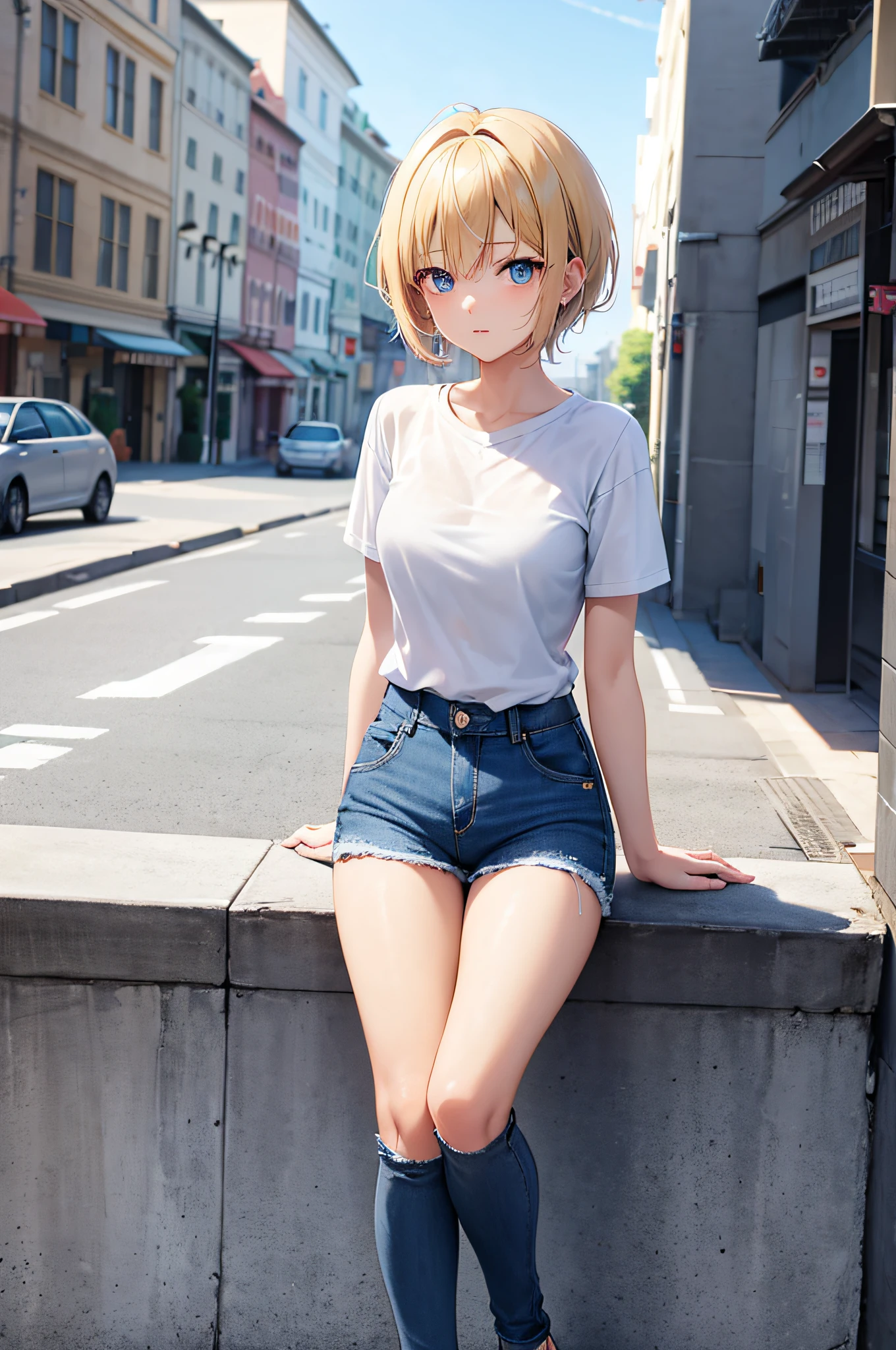 anime girl with blue eyes and blonde short hair girl with blue denim short jeans and white shirt