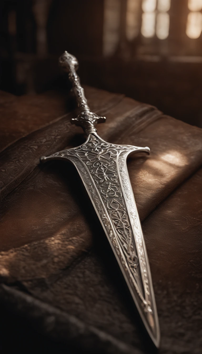 (Destacado、profissional、surreal)、Espada de prata branca detalhada, Metallic magic texture, lying on floor,Item fantasia de uma Espada sagrada, blade with runes, emission of icy and flaming aura, detalhamento intricicos, over an altar in a Gothic church, plano aberto, ultra realista, 4k