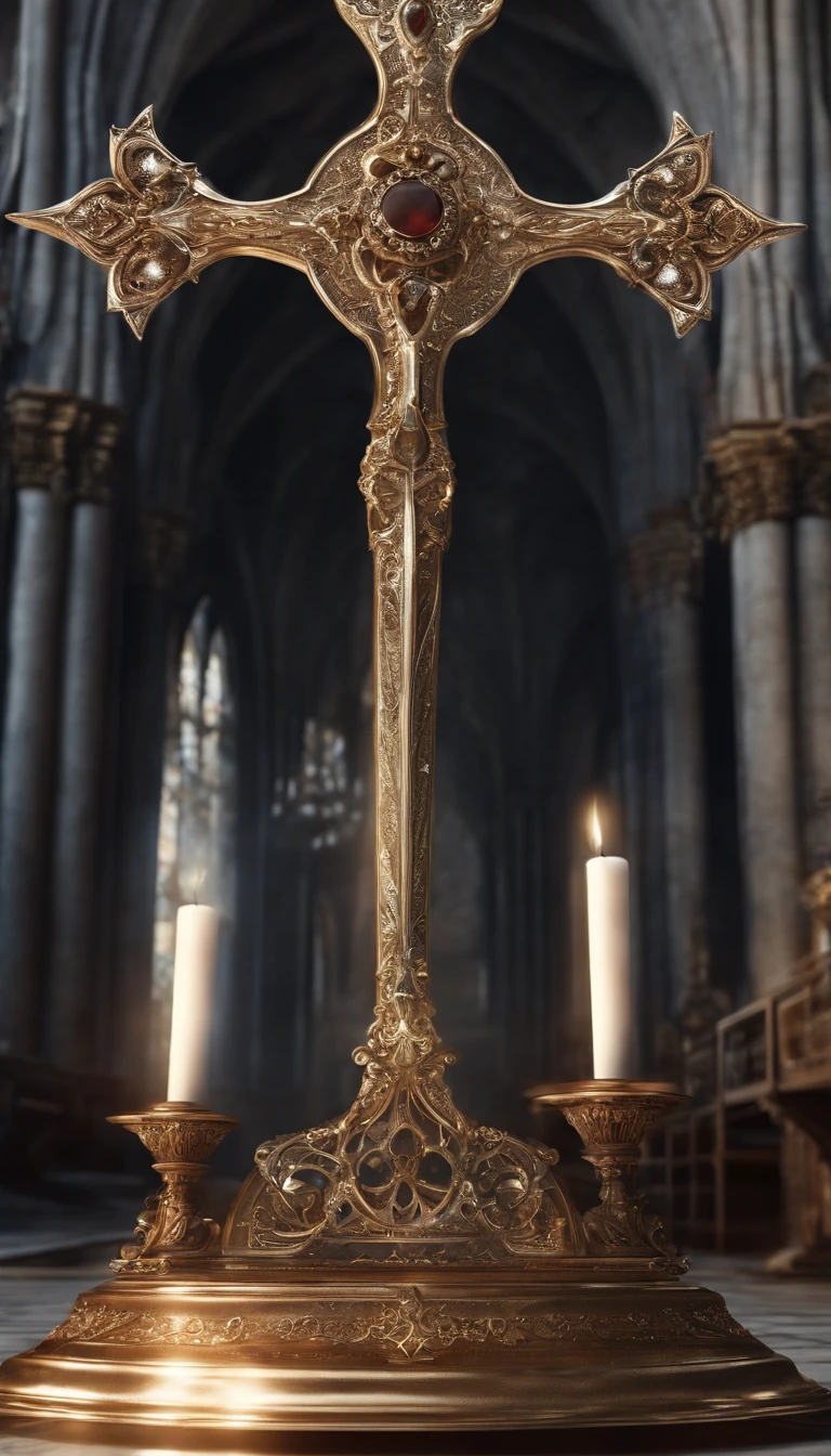 (Destacado、profissional、surreal)、Espada de prata branca detalhada, Metallic magic texture, lying on floor,Item fantasia de uma Espada sagrada, blade with runes, emission of icy and flaming aura, detalhamento intricicos, over an altar in a Gothic church, plano aberto, ultra realista, 4k