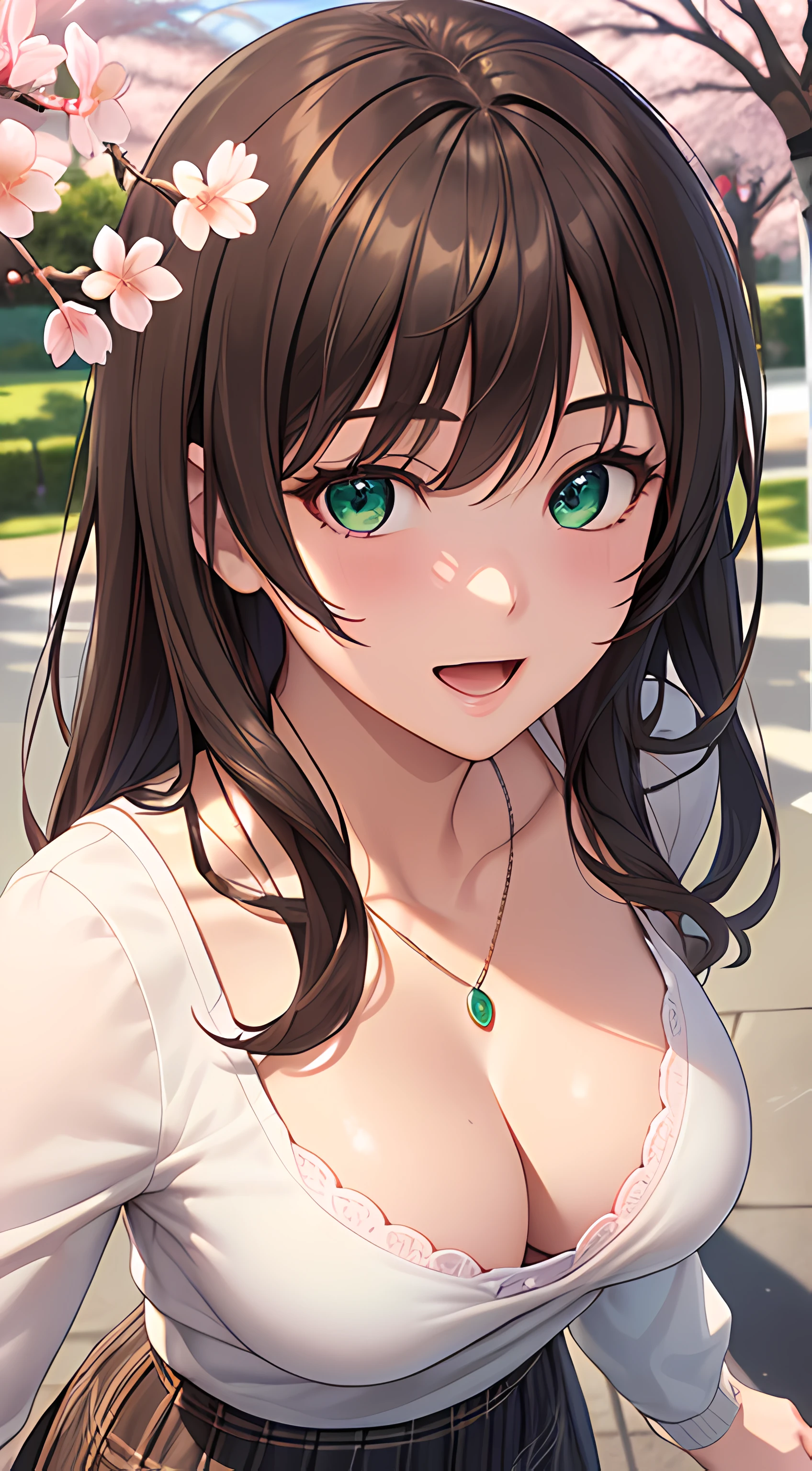 ((masterpiece, best quality, highres, UHD, perfect pixel, depth of field, 4k, RTX, HDR))), 1girl, single, solo, beautiful anime girl, beautiful artstyle, anime character, ((long hair, bangs, brown hair)), ((green eyes:1.4, rounded eyes, beautiful eyelashes, realistic eyes)), ((detailed face, blushing:1.2)), ((smooth texture:0.75, realistic texture:0.65, photorealistic:1.1, anime CG style)), ((medium breasts, cleavage, busty)), dynamic angle, perfect body, ((POV, dynamic pose, portrait)), ((white sweater, long sleeve, black skirt, plaid skirt, fashionable, 1handbag, 1diamond necklace, visible bra:0.95)), smile, open mouth, amusement park, ((cherry blossom tree, cherry blossoms fall))