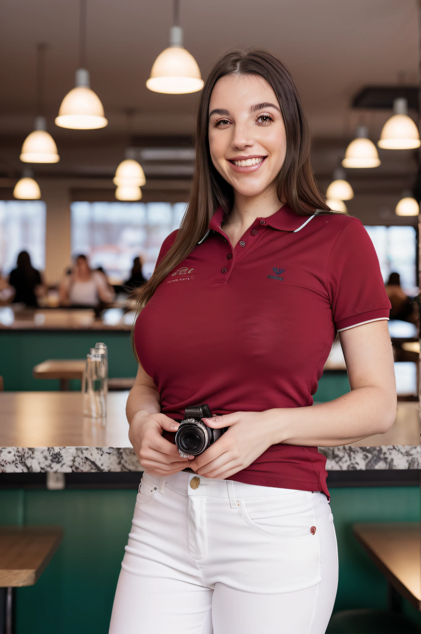 01 mulher americana bonita (28 anos) usando uniforme de lanchonete (camisa polo vermelha feminina, white pants and cap) (trabalho) - melhores olhos, longos cabelos pretos sedosos (cabelos pretos intensos com brilho, melhor boca (friendly smile), melhor pele (perfeito, pele lisa) ((sem estrias)) ((seios grandes)), ((Melhor anatomia)) ((detalhes intrincados)) - In a Dining Hall (Trabalhando) (dynamic photo) - (luz artificial) (sombras suaves, sombras trabalhadas) (HDR) - ((Cores Neutras)) - fotorrealismo ((fotorrealista: 1. 4)) - ((analogue photo)) ((Canon EOS R6)) ((Fujifilm Fujicolor 200 |)) ((divine proportion))- Autofocus, tiro largo, corpo inteiro ((sem nudez))