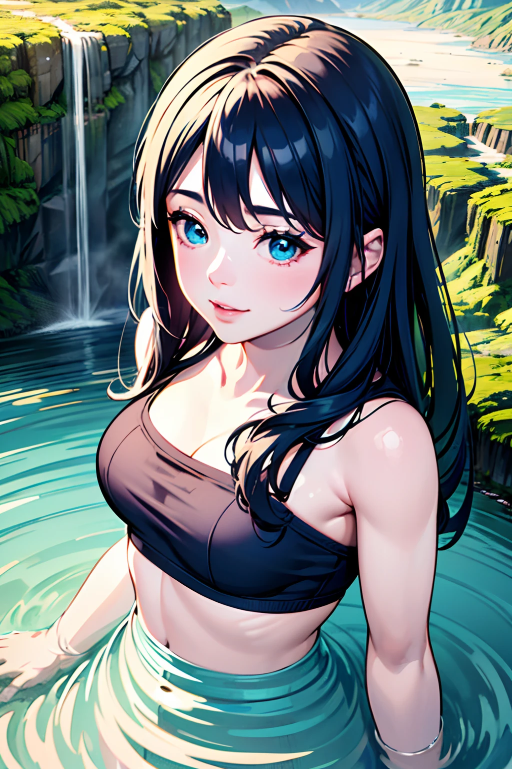 A very beautiful happy girl bathing near a clear and cool waterfall Pink skin Blue eyes Dark hair Detailed face Detailed body Realistic model Highly detailed natural scenery 8k Cgi resolution