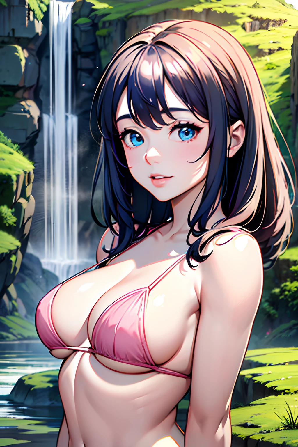 A very beautiful happy girl bathing near a clear and cool waterfall Pink skin Blue eyes Dark hair Detailed face Detailed body Realistic model Highly detailed natural scenery 8k Cgi resolution