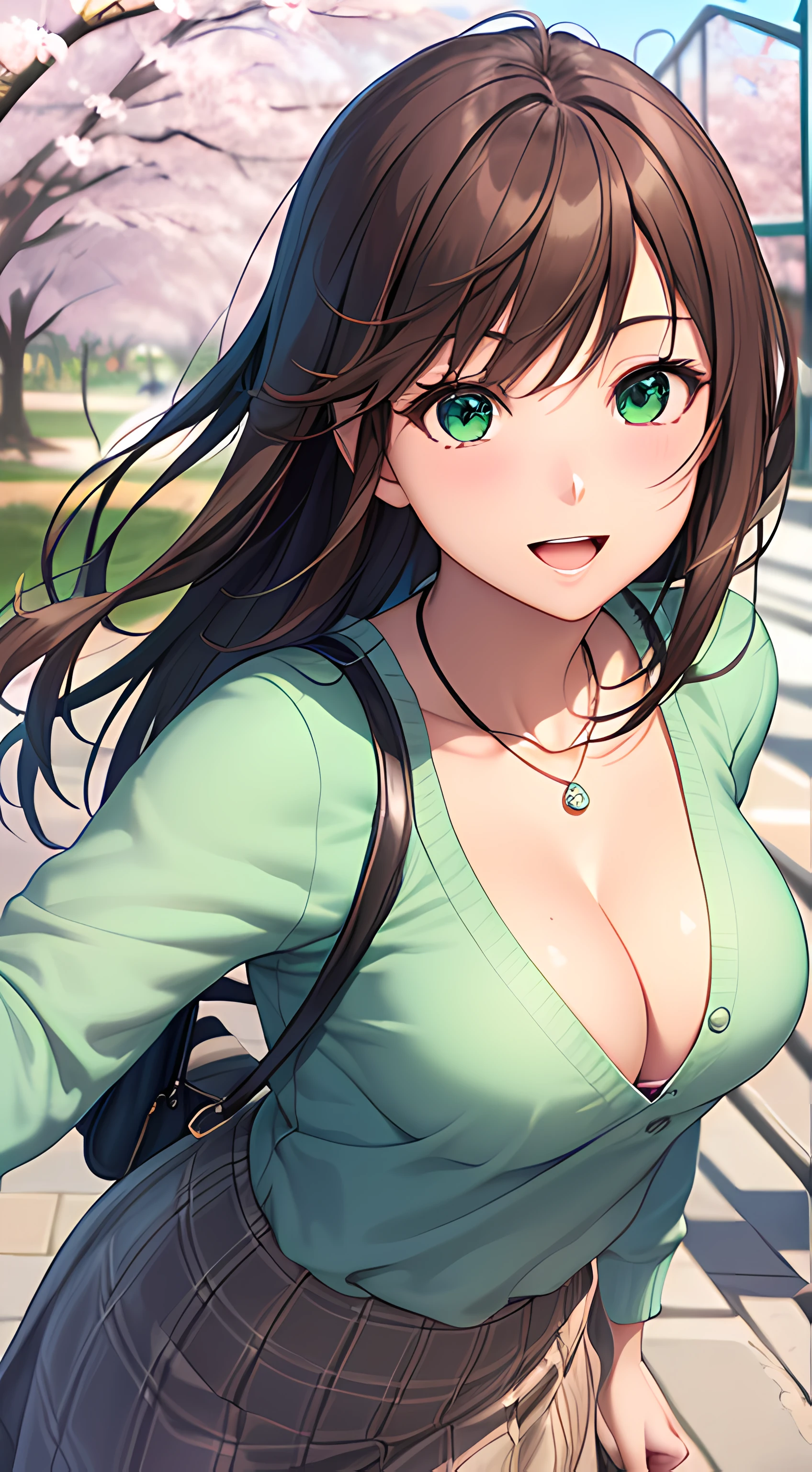 ((masterpiece, best quality, highres, UHD, perfect pixel, depth of field, 4k, RTX, HDR))), 1girl, single, solo, beautiful anime girl, beautiful artstyle, anime character, ((long hair, bangs, brown hair)), ((green eyes:1.4, rounded eyes, beautiful eyelashes, realistic eyes)), ((detailed face, blushing:1.2)), ((smooth texture:0.75, realistic texture:0.65, photorealistic:1.1, anime CG style)), ((medium breasts, cleavage, busty)), dynamic angle, perfect body, ((POV, dynamic pose, portrait)), ((white sweater, long sleeve, black skirt, plaid skirt, fashionable, 1handbag, 1diamond necklace, visible bra:0.95)), smile, open mouth, amusement park, ((cherry blossom tree, cherry blossoms fall))