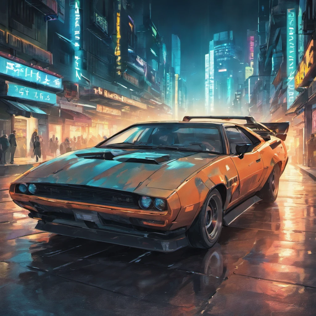 Electric muscle car from the future,blade runner, Have on the street,the street,Fragmentation,Background of the ruins,detailedbackground