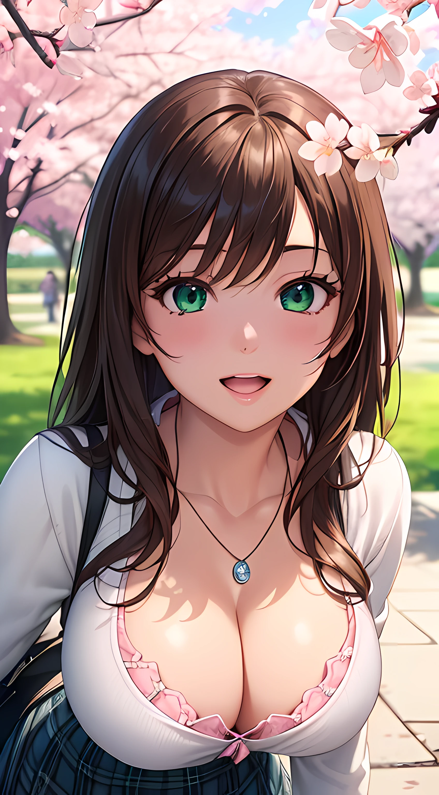 ((masterpiece, best quality, highres, UHD, perfect pixel, depth of field, 4k, RTX, HDR))), 1girl, single, solo, beautiful anime girl, beautiful artstyle, anime character, ((long hair, bangs, brown hair)), ((green eyes:1.4, rounded eyes, beautiful eyelashes, realistic eyes)), ((detailed face, blushing:1.2)), ((smooth texture:0.75, realistic texture:0.65, photorealistic:1.1, anime CG style)), ((cleavage, busty)), dynamic angle, perfect body, ((POV, dynamic pose, portrait)), ((white sweater, long sleeve, black skirt, plaid skirt, fashionable, 1handbag, 1diamond necklace, visible bra:0.95)), smile, open mouth, amusement park, ((cherry blossom tree, cherry blossoms fall))