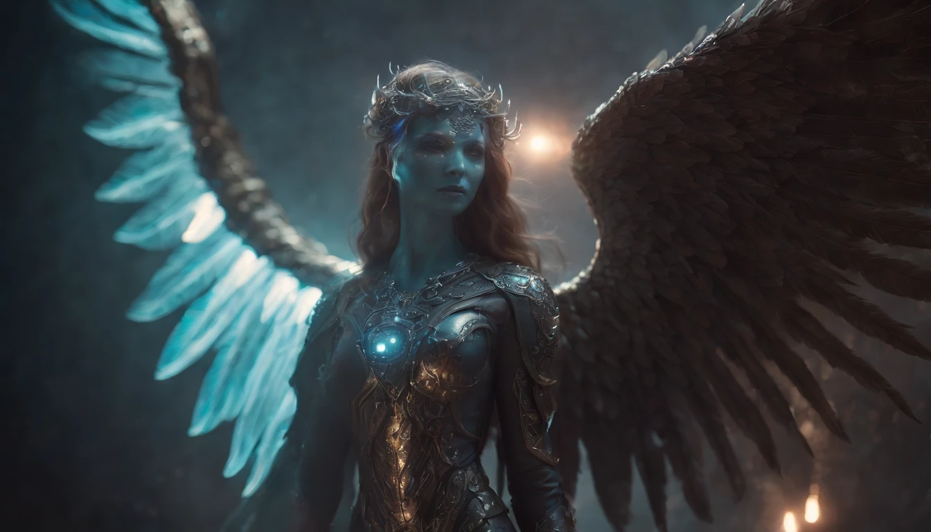 Cosmic Fallen Angel, glowing light eyes, Biomechanical, eerie, Creepy, nightmarish, Very bright colors, Light particles, with light glowing, Mshiv, wallpaper art, UHD wallpaper
