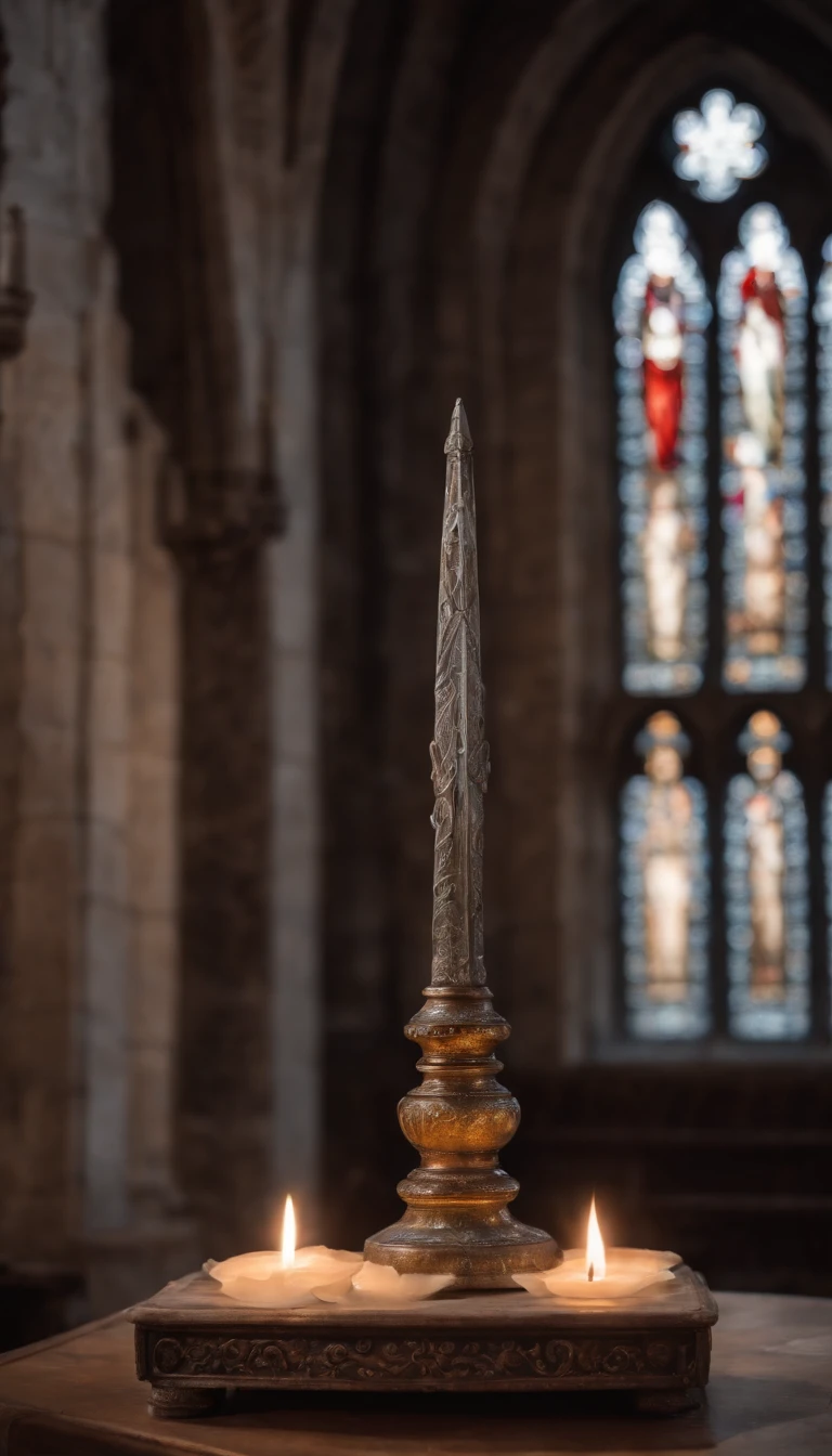 Item fantasia de uma Espada sagrada, blade with runes, emission of icy and flaming aura, detalhamento intricicos, over an altar in a Gothic church, plano aberto, ultra realista, 4k