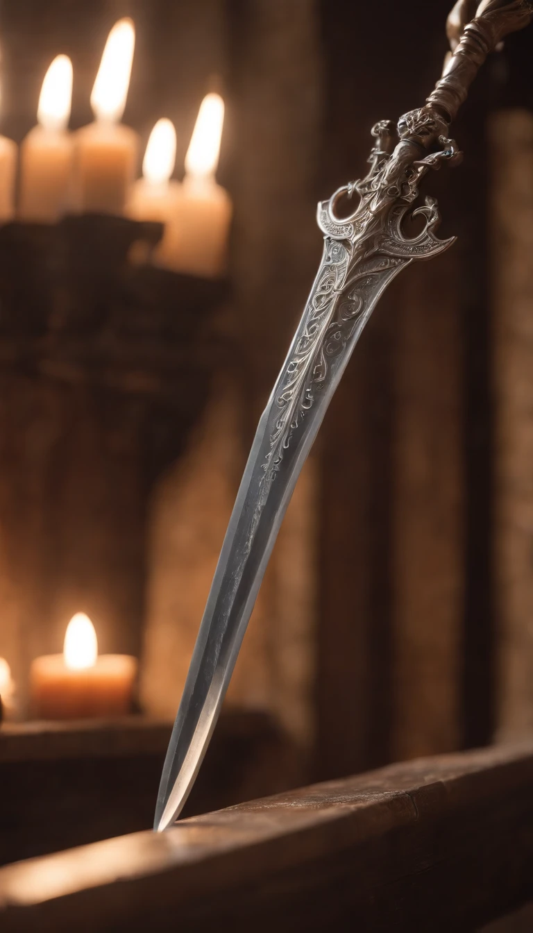Item fantasia de uma Espada sagrada, blade with runes, emission of icy and flaming aura, detalhamento intricicos, over an altar in a Gothic church, plano aberto, ultra realista, 4k
