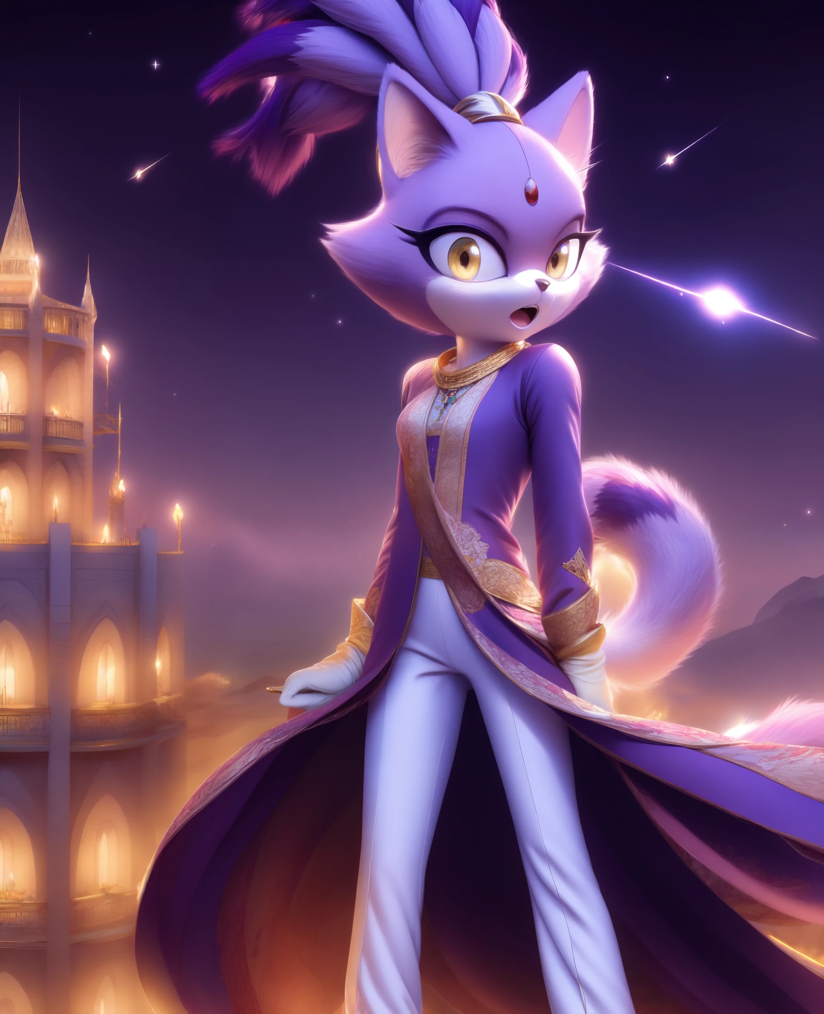 masterpiece, best quality, highres, Blaze The Cat,  1girl, gold necklace, white jumpsuit, animal_ears, closed_mouth, red forehead_jewel, fur-trimmed_gloves, fur_trim, furry, furry_female, gloves, long_sleeves, purple_coat, purple_hair, solo, standing, tied_hair, topknot, white_gloves, white_pants, yellow_eyes, tail, photo background,  night sky, castle, solo, shooting star, star \(sky\), perfect hands, perfect anatomy