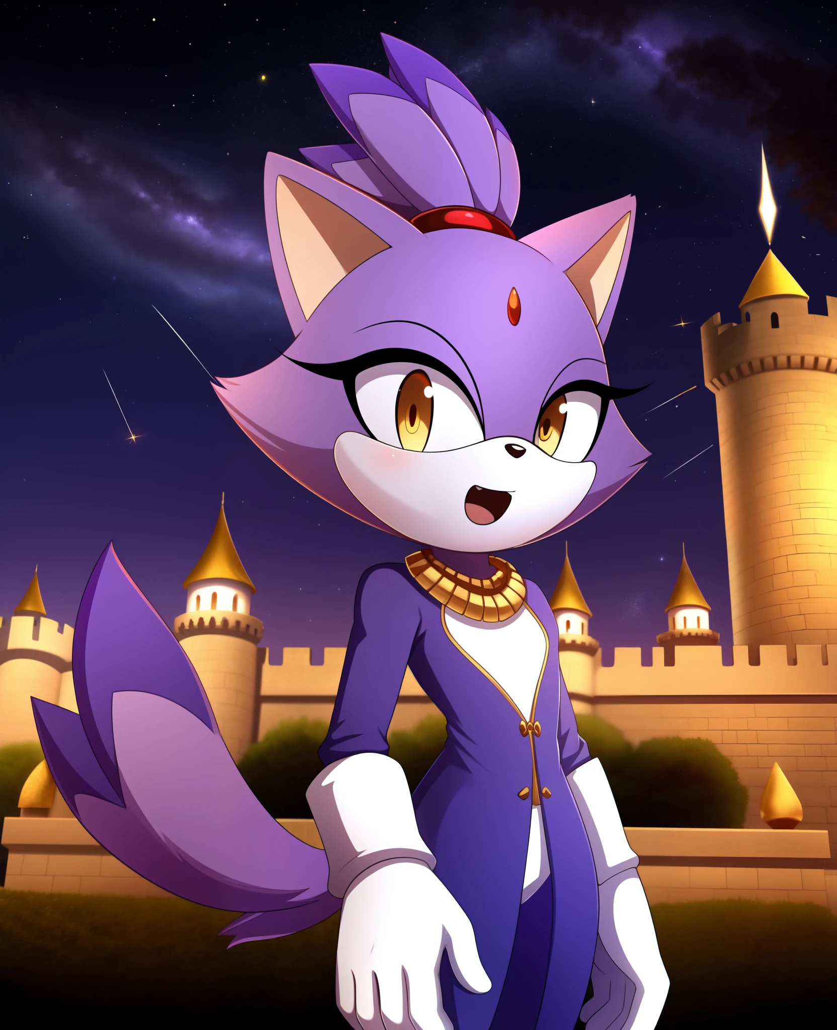 masterpiece, best quality, highres, Blaze The Cat,  1girl, gold necklace, white jumpsuit, animal_ears, closed_mouth, red forehead_jewel, fur-trimmed_gloves, fur_trim, furry, furry_female, gloves, long_sleeves, purple_coat, purple_hair, solo, standing, tied_hair, topknot, white_gloves, white_pants, yellow_eyes, tail, photo background,  night sky, castle, solo, shooting star, star \(sky\), perfect hands, perfect anatomy