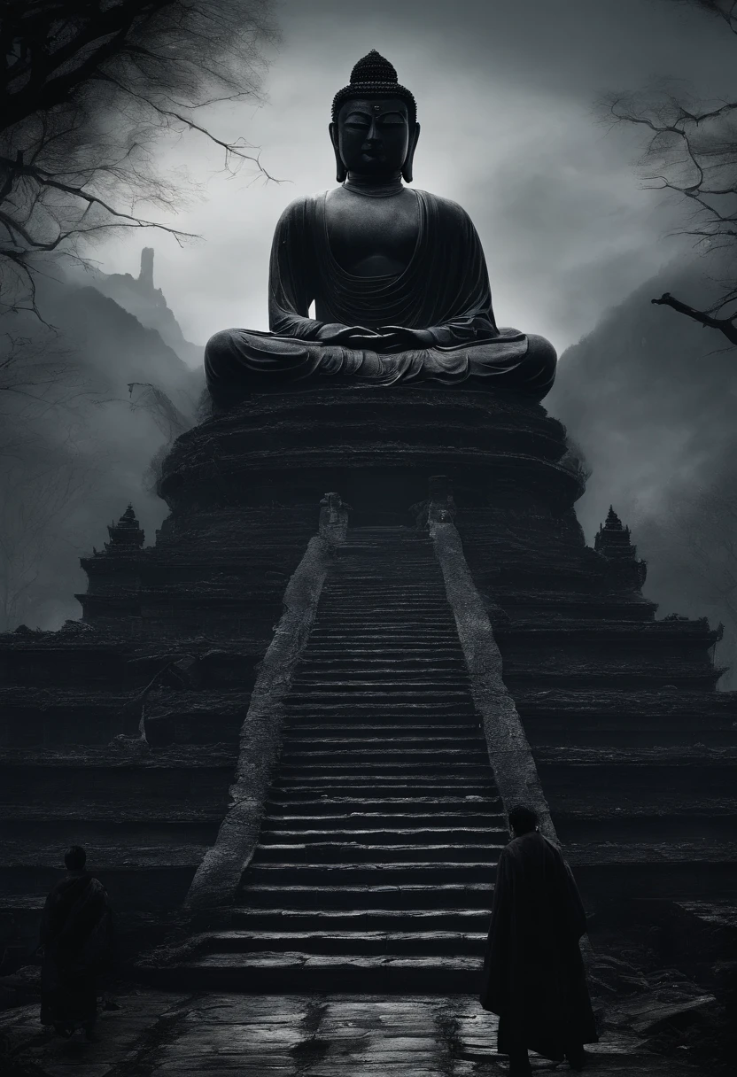 The artwork of the masterpiece is predominantly dark in style,In the distance stands a gorgeous black Buddha statue,Huge and awesome。Pilgrims on the road slowly advance along the stately stone steps,See this magnificent sight。The details are extremely delicate,It's hard to stop and watch。Official art showcases high-quality craftsmanship,Bring viewers an unimaginable visual experience。This painting is HD 8K wallpaper,Will take you into a mysterious and sacred world。