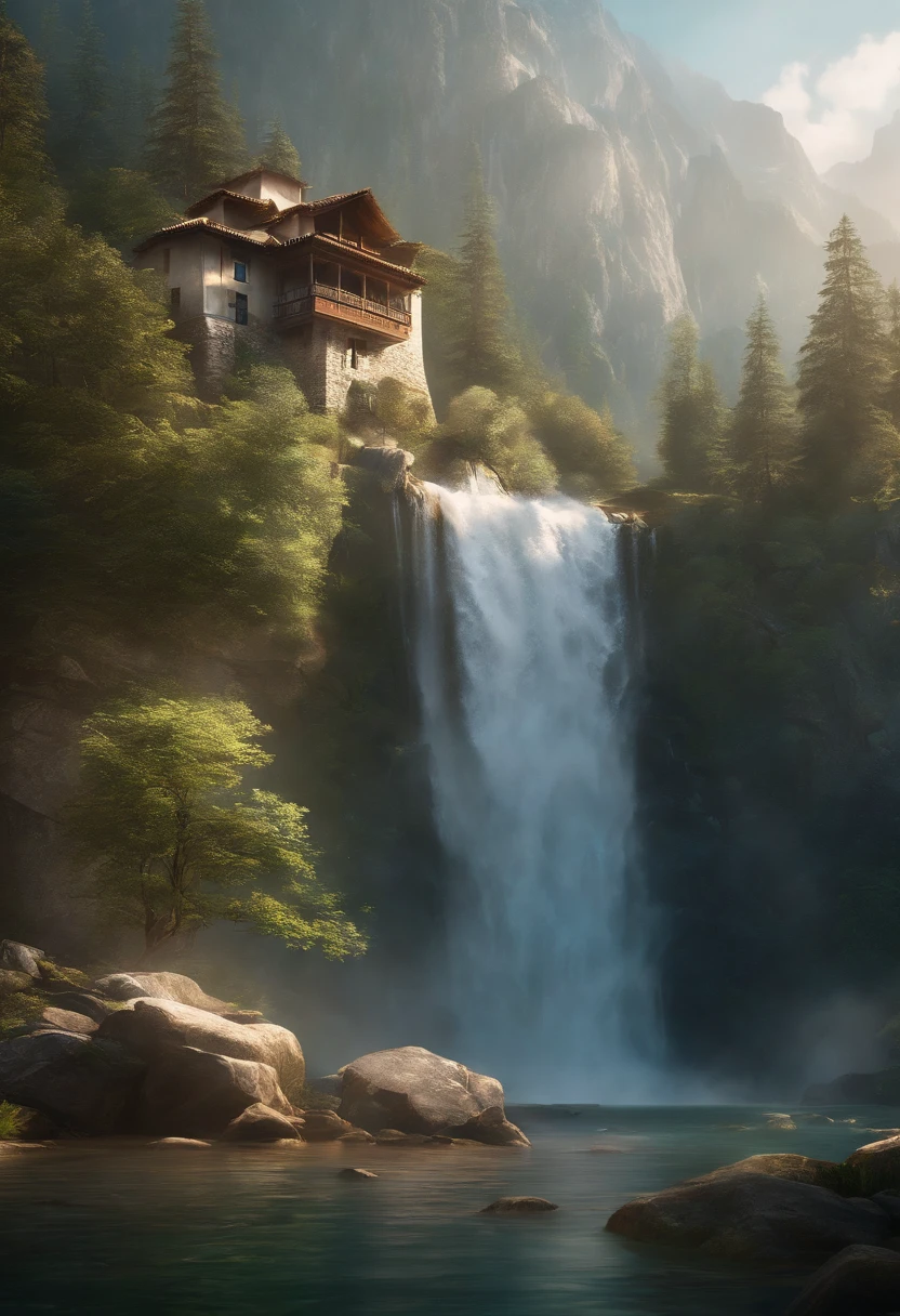 painting of a waterfall in a mountainous area with a house on the top, vertical wallpaper, 4 k vertical wallpaper, 4k vertical wallpaper, 8 k vertical wallpaper, 8k vertical wallpaper, ross tran. scenic background, beautiful mattepainting, 4 k matte painting, detailed scenery —width 672, beautiful iphone wallpaper, avatar landscape, inspired by Raphael Lacoste