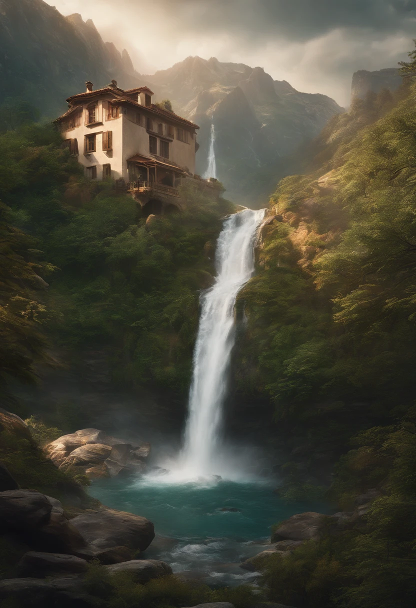 painting of a waterfall in a mountainous area with a house on the top, vertical wallpaper, 4 k vertical wallpaper, 4k vertical wallpaper, 8 k vertical wallpaper, 8k vertical wallpaper, ross tran. scenic background, beautiful mattepainting, 4 k matte painting, detailed scenery —width 672, beautiful iphone wallpaper, avatar landscape, inspired by Raphael Lacoste