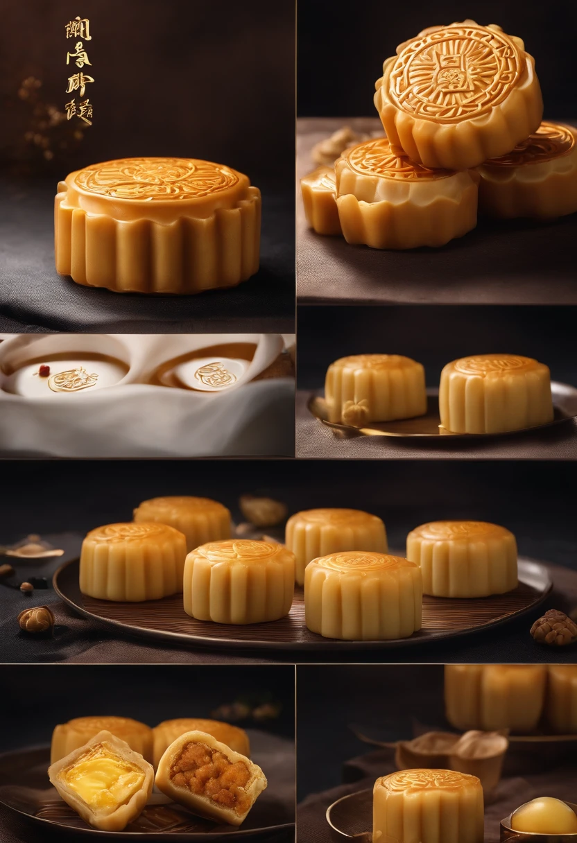 Commercial shooting, Cantonese egg yolk mooncakes, Mooncake size, poster for, Fresh style background, elegant, Booth lighting, Attractive, photorealistic colors, Ultra HD