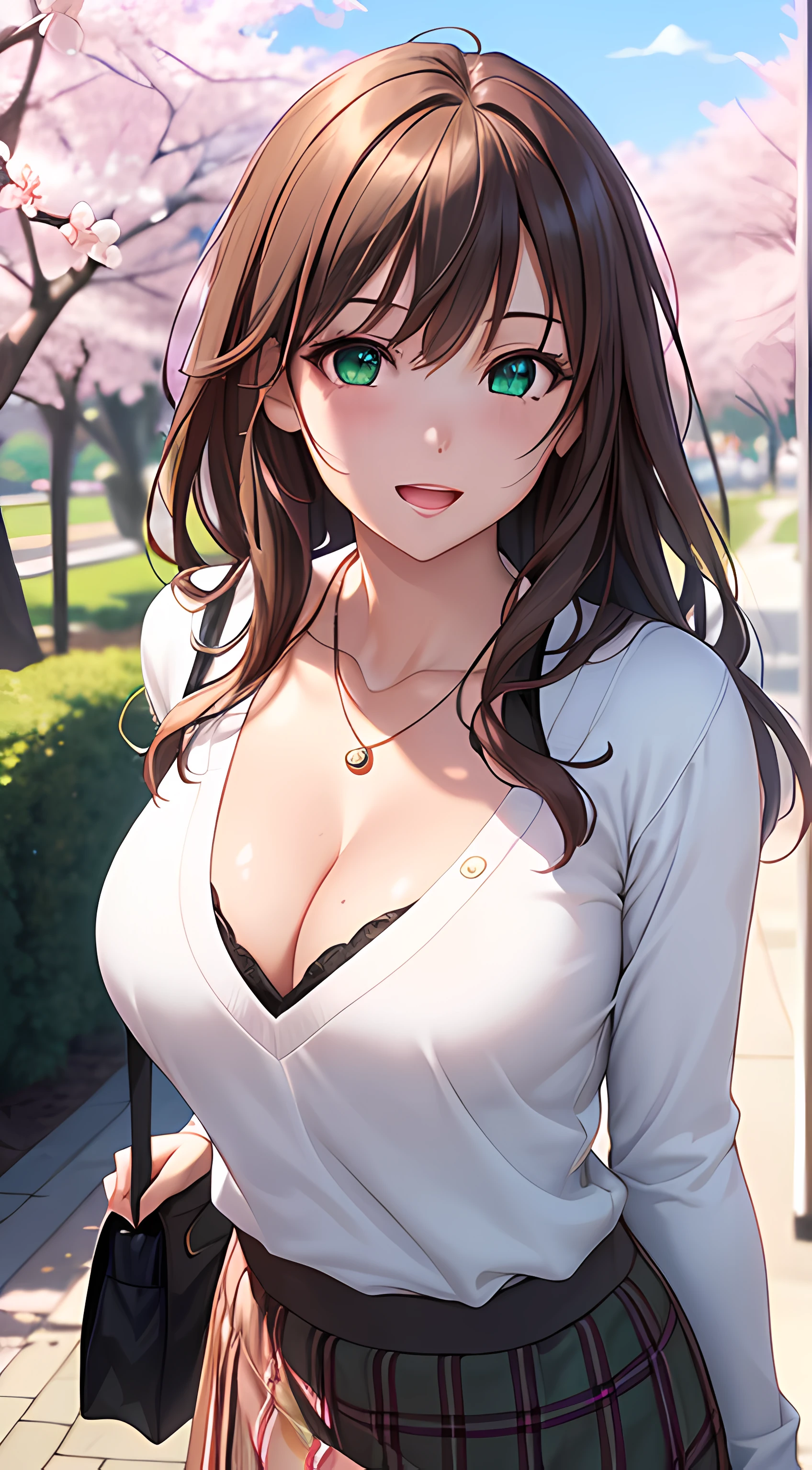 ((masterpiece, best quality, highres, UHD, perfect pixel, depth of field, 4k, RTX, HDR))), 1girl, single, solo, beautiful anime girl, beautiful artstyle, anime character, ((long hair, bangs, brown hair)), ((green eyes:1.4, rounded eyes, beautiful eyelashes, realistic eyes)), ((detailed face, blushing:1.2)), ((smooth texture:0.75, realistic texture:0.65, photorealistic:1.1, anime CG style)), ((cleavage, busty)), dynamic angle, perfect body, ((POV, dynamic pose, portrait)), ((white sweater, long sleeve, black skirt, plaid skirt, fashionable, 1handbag, 1diamond necklace, visible bra:0.95)), smile, open mouth, amusement park, ((cherry blossom tree, cherry blossoms fall))