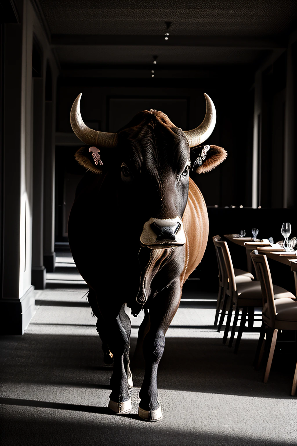 a bull is strolling in the middle of a fancy restaurant, Style (Warm tone, warm tone): 1.2), Close-up, cinematic light, side lighting, ultra high resolution, Best shadow, .RAW.