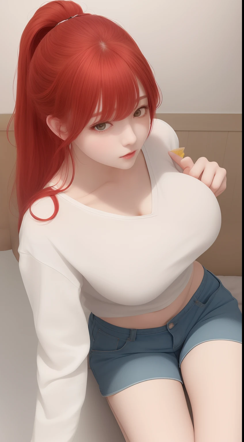 a close up of a person in shorts and a shirt, manhwa, (sfw) safe for work, the anime girl is crouching, touching her clothes, beautiful anime girl standing, bottom shot, from girls frontline,red hair ,under ponytail hair,huge breast