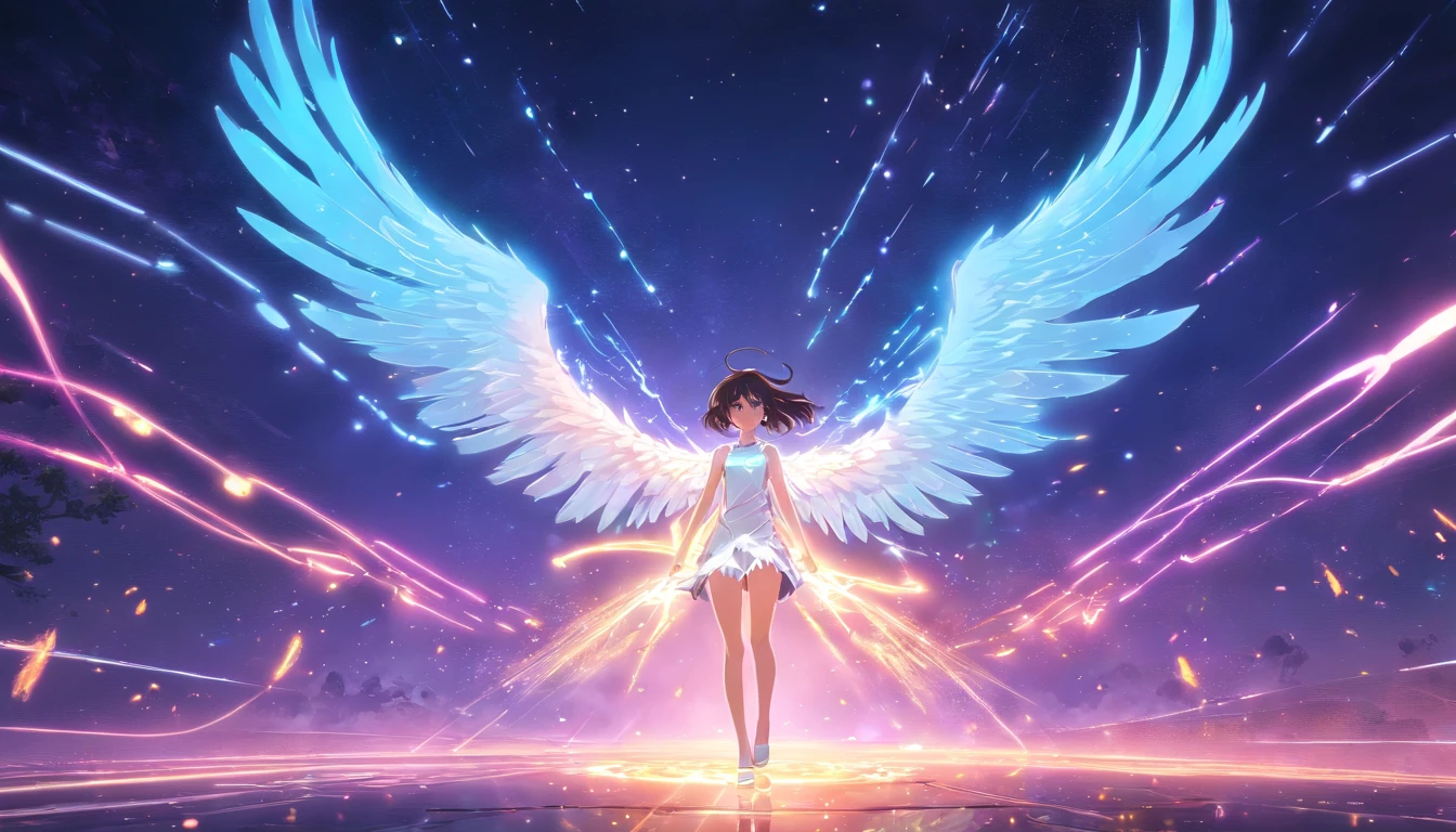 Cosmic Fallen Angel, glowing light eyes, Biomechanical, eerie, Creepy, nightmarish, Very bright colors, Light particles, with light glowing, Mshiv, wallpaper art, UHD wallpaper
