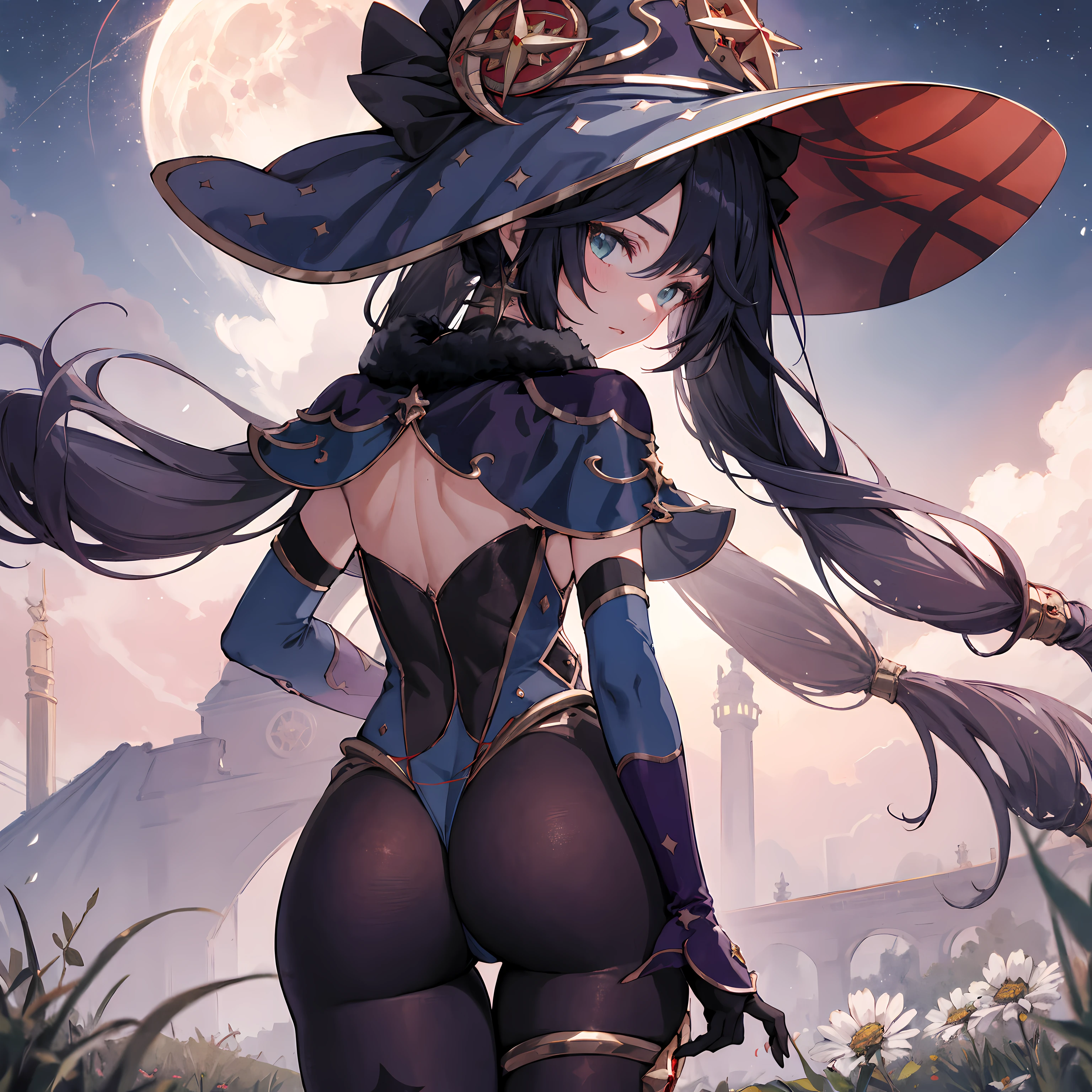 ultra detailed game CG, (High resolution:1.1), (absurderes:1.1), Best Quality, Ultra high definition, The highest resolution, Very detailed, Highly detailed face, 1girl in, Solo, Mona_Genshin, default_Dress, Witch Hat, Twin-tailed, Ass, From below, Meadow at night, a moon