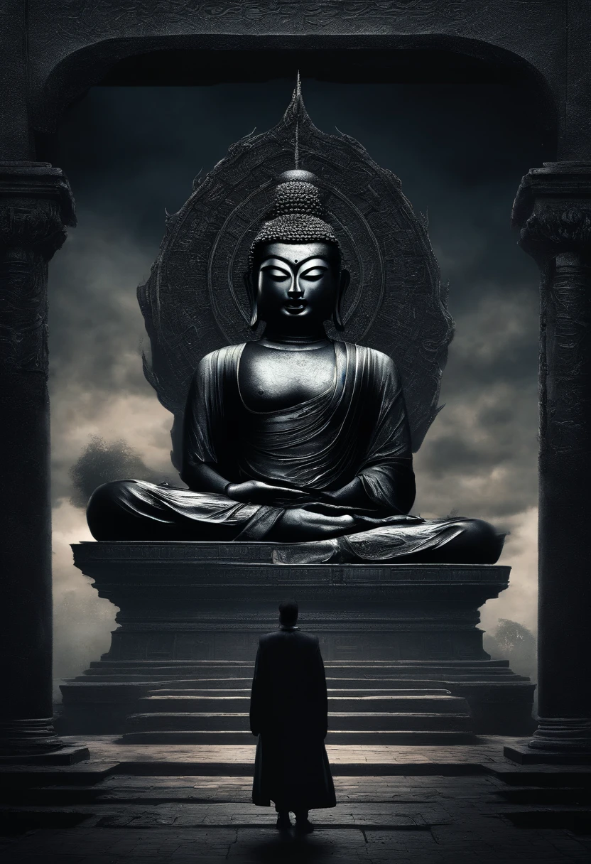 The artwork of the masterpiece is predominantly dark in style,In the distance stands a gorgeous black Buddha statue,Huge and awesome。Pilgrims on the road slowly advance along the stately stone steps,See this magnificent sight。The details are extremely delicate,It's hard to stop and watch。Official art showcases high-quality craftsmanship,Bring viewers an unimaginable visual experience。This painting is HD 8K wallpaper,Will take you into a mysterious and sacred world。
