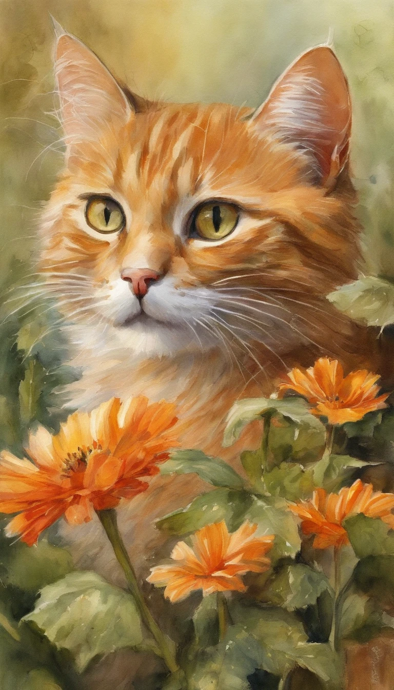 Garden cat，Under the sun，Warm orange hair，Detailed sketch style，Close up focusing on cat's eye，Mao's eyes are painted with a jewel-like material，Add cat purr，It's a warm and peaceful sight...