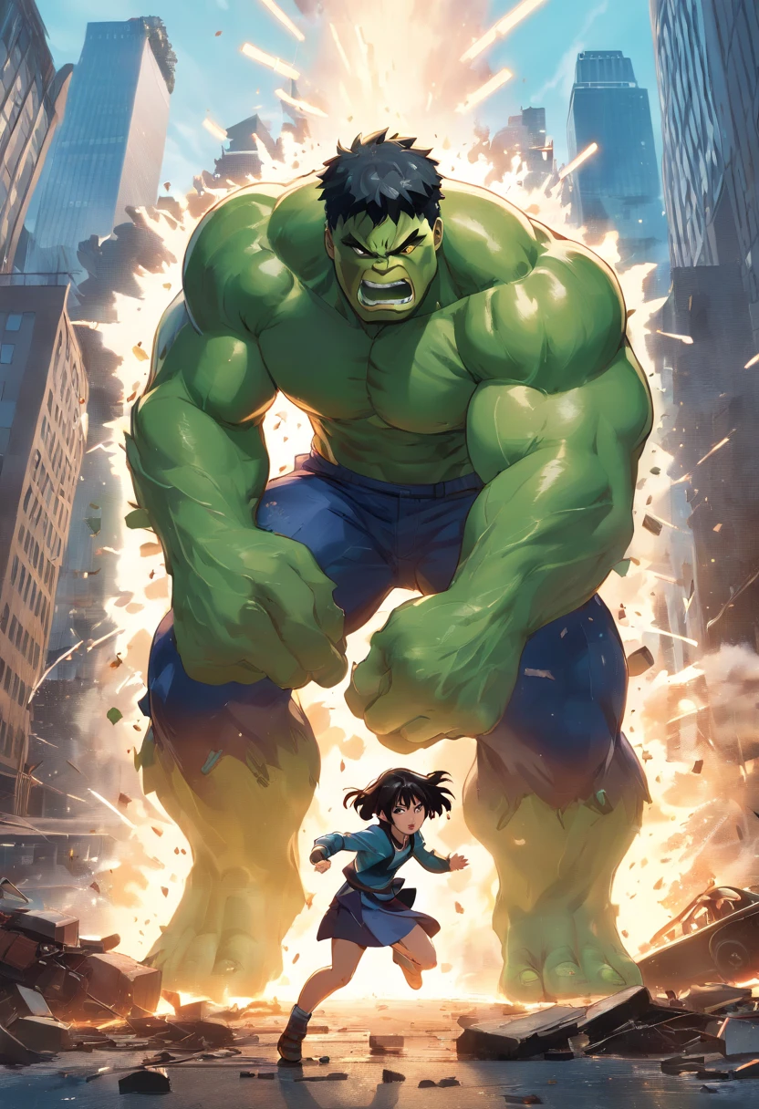(best quality,4k,8k,Alto,master part:1.2),ultra-detalhado,(Realistic,fotorrealista,photo-realistic:1.37),Hulk,quadrinhos da marvel,corpo forte e musculoso,roupas rasgadas,pele verde,angry expression,punhos cerrados,Massive appearance,poder destrutivo,marvel superhero,Centro de Manhattan,Nova Iorque,skyscrapers in the background,atmosfera escura e intensa,dramatic lighting,arte em quadrinhos,explosive action,dinamic poses,cores vibrantes,wreckage destroyed,fury and power emanating from the Hulk,intensidade emocionalmente carregada,action-packed scene,epic showdown,sensational illustration.