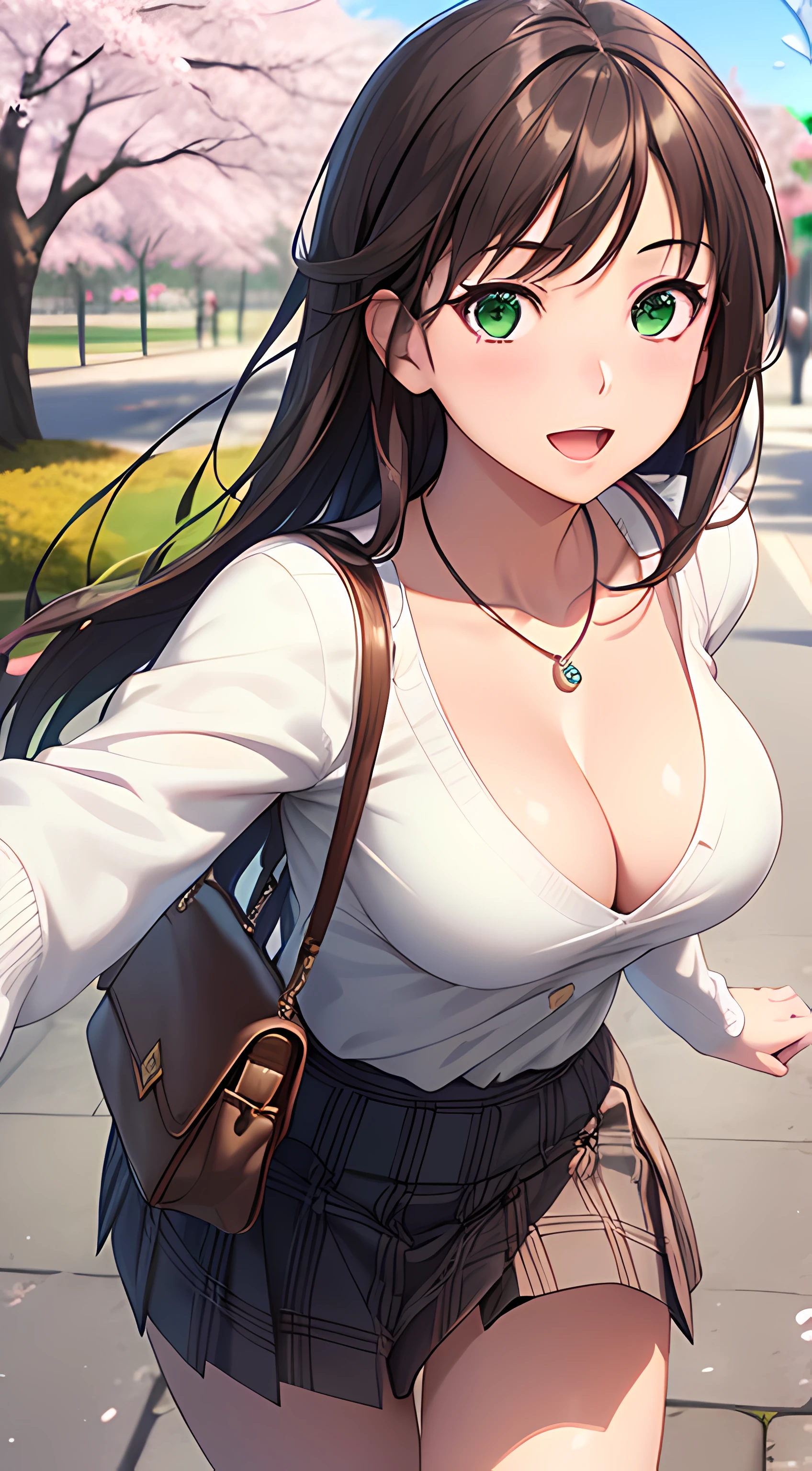((masterpiece, best quality, highres, UHD, perfect pixel, depth of field, 4k, RTX, HDR))), 1girl, single, solo, beautiful anime girl, beautiful artstyle, anime character, ((long hair, bangs, brown hair)), ((green eyes:1.4, rounded eyes, beautiful eyelashes, realistic eyes)), ((detailed face, blushing:1.2)), ((smooth texture:0.75, realistic texture:0.65, photorealistic:1.1, anime CG style)), ((medium breasts, cleavage, busty)), dynamic angle, perfect body, ((POV, dynamic pose, portrait)), ((white sweater, long sleeve, black skirt, plaid skirt, fashionable, 1handbag, 1diamond necklace, visible bra:0.95)), smile, open mouth, amusement park, ((cherry blossom tree, cherry blossoms fall))
