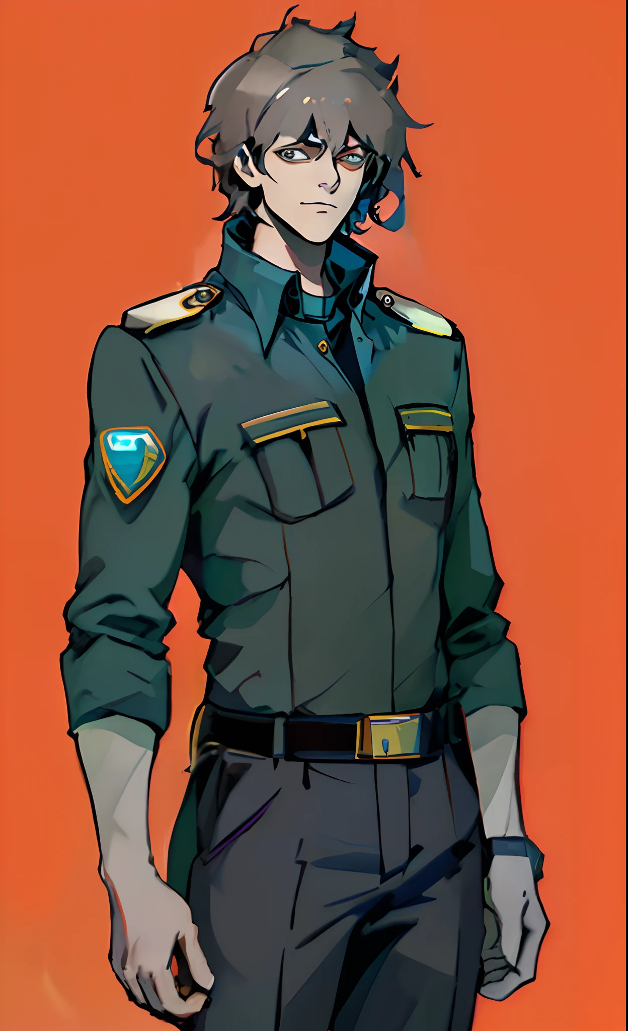 quadratic element,Stand sideways,super detailing,High quality,master piece,A tall boy,Handsome face,Black uniform cover,long trousers,Martin boots