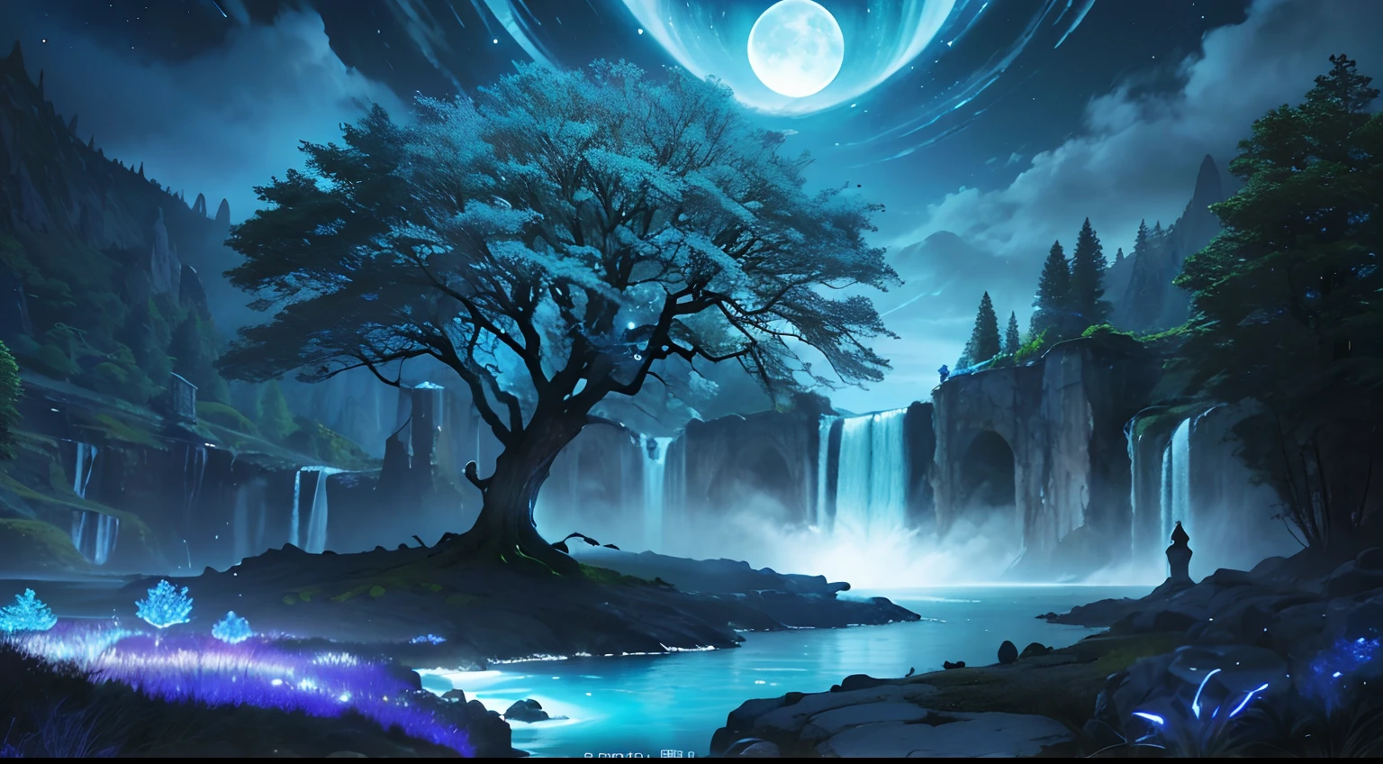 Ultra detailed, Beautiful and aesthetic, Beautiful, Masterpiece , Mystery , Atmospheric , Fantastic , Supernatural , Best quality, Black Cloud Night , 1 tree , Very huge,Very tall ancient fantasy tree , 1 huge blue glowing tree , The tree splits the cloudy sky and the moonlight beam falls , flower field , A few stones and cliffs , Shiny tree , Fantasy glowing birds around , Tree gathering blue glowing magic , Blue shiny river channel , The river emits blue magic , Rivers make waterfalls , Fantasy Aurora , (Ultra detailed scene) , (Ultra-detailed tree) , (Ultra-delicate moonlight beam) , (Ultra-detailed glowing river) , (Super detailed waterfall) , (Ultra-fine aurora)