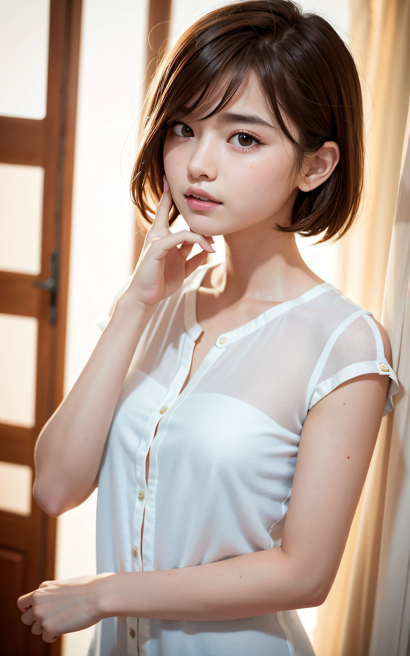 ((of the highest quality, 8K, masutepiece: 1.3, Raw photo)), Sharp Focus: 1.2, (1 AESPA Girl :1.1), Solo, (Realistic, Photorealistic: 1.37), (Face Focus: 1.1), Cute face, hyperdetailed face, short messy hair, Small Smile, small breasts, flat chest, nude, (white chiffon shirt, check skirt: 1.2), (Sitting with one knee up: 1.2), classroom, book, thigh, (roll up the skirt: 1.2), Cattleya