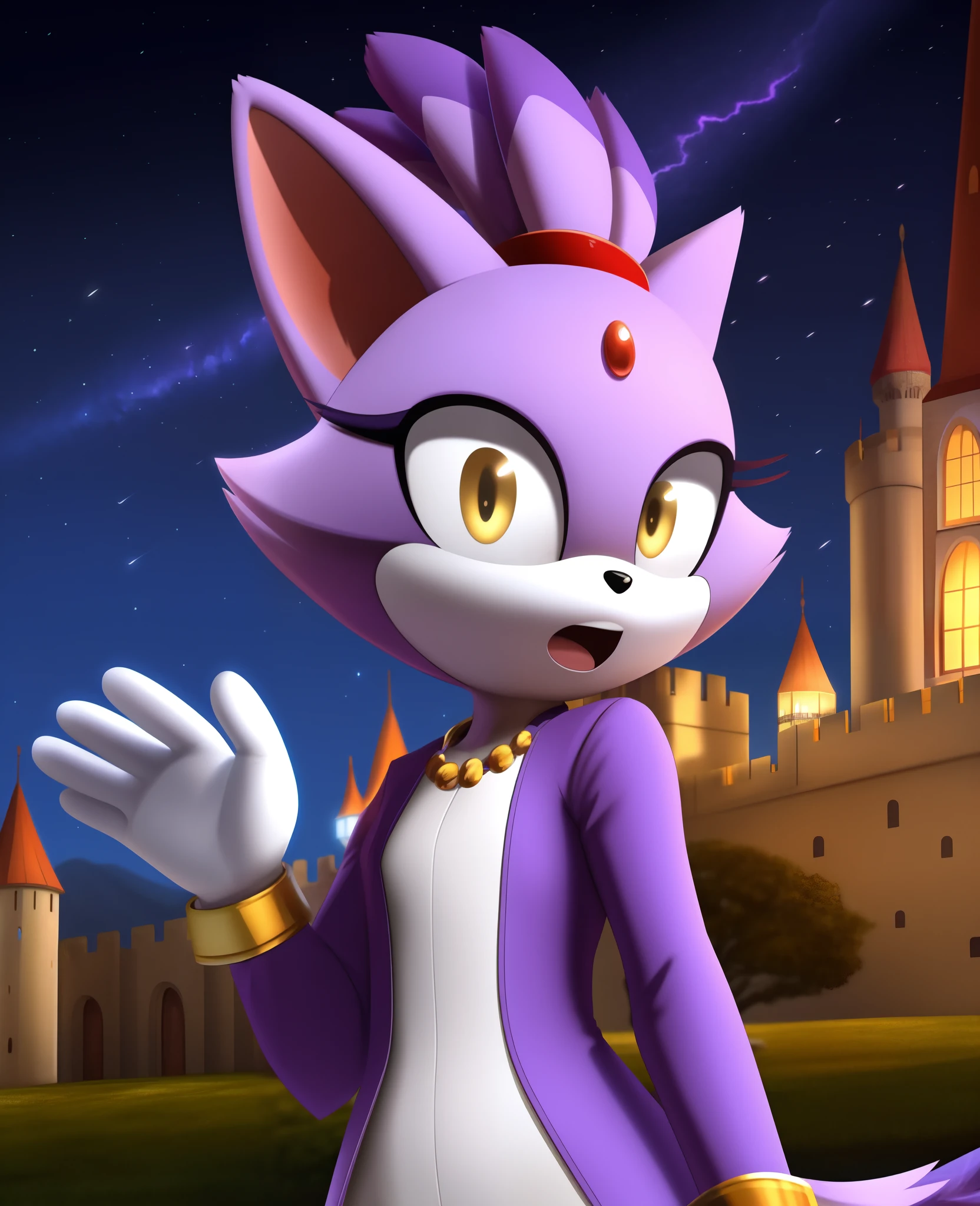 masterpiece, best quality, highres, Blaze The Cat,  1girl, gold necklace, white jumpsuit, animal_ears, closed_mouth, red forehead_jewel, fur-trimmed_gloves, fur_trim, furry, furry_female, gloves, long_sleeves, purple_coat, purple_hair, solo, standing, tied_hair, topknot, white_gloves, white_pants, yellow_eyes, tail, photo background,  night sky, castle, solo, shooting star, star \(sky\), perfect hands, perfect anatomy