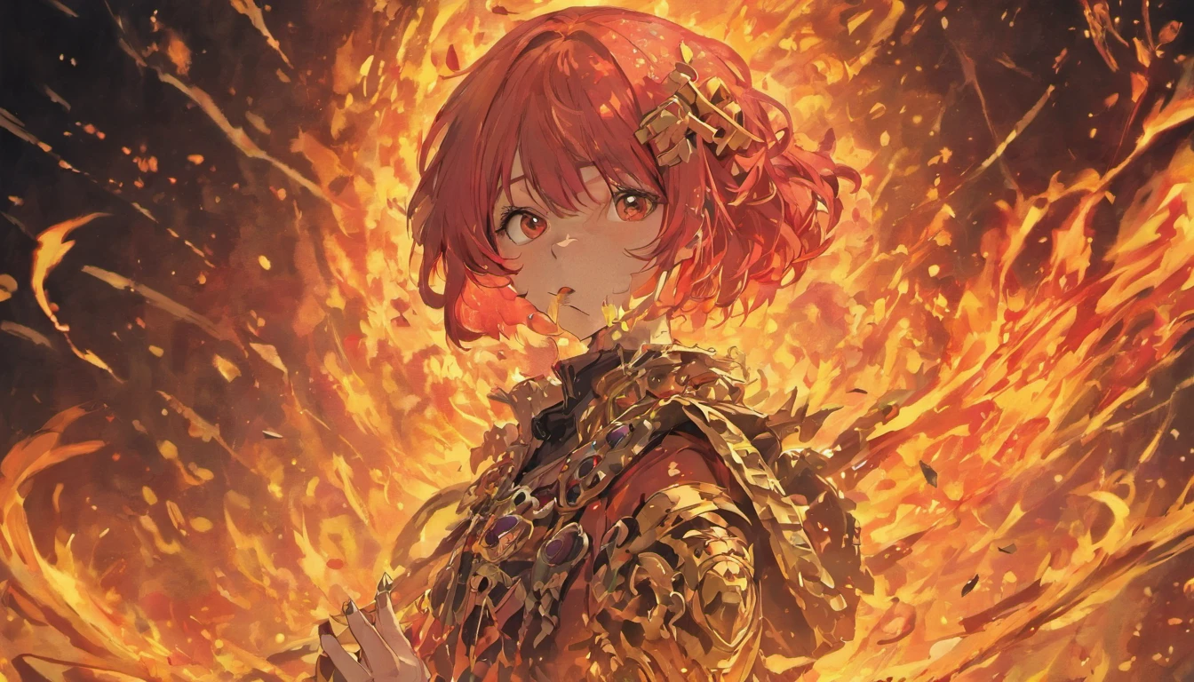 Half skeleton, half human，Gold pistol，Red light，ablaze with intensity，Scattered bones