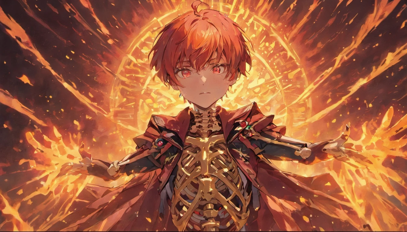 Half skeleton, half human，Gold pistol，Red light，ablaze with intensity，Scattered bones