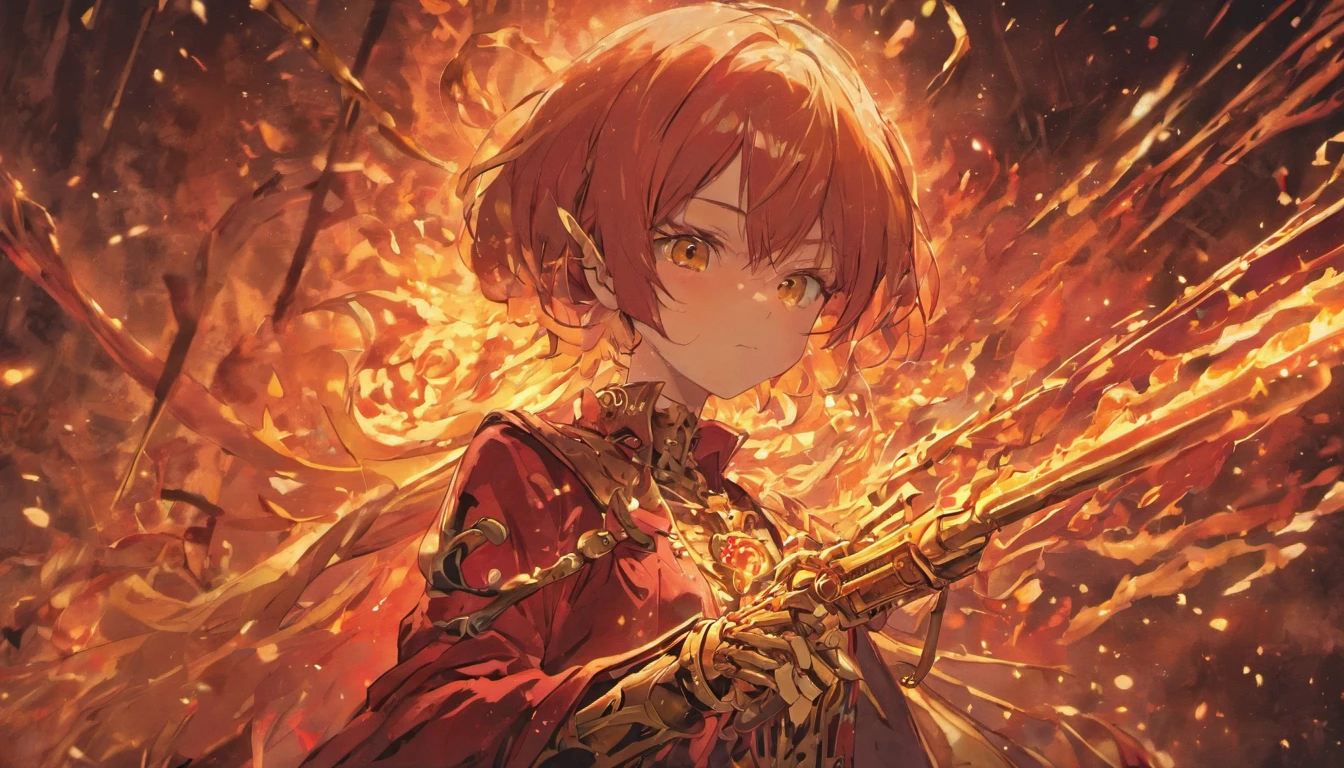 Half skeleton, half human,Gold pistol,Red light,ablaze with intensity,Scattered bones