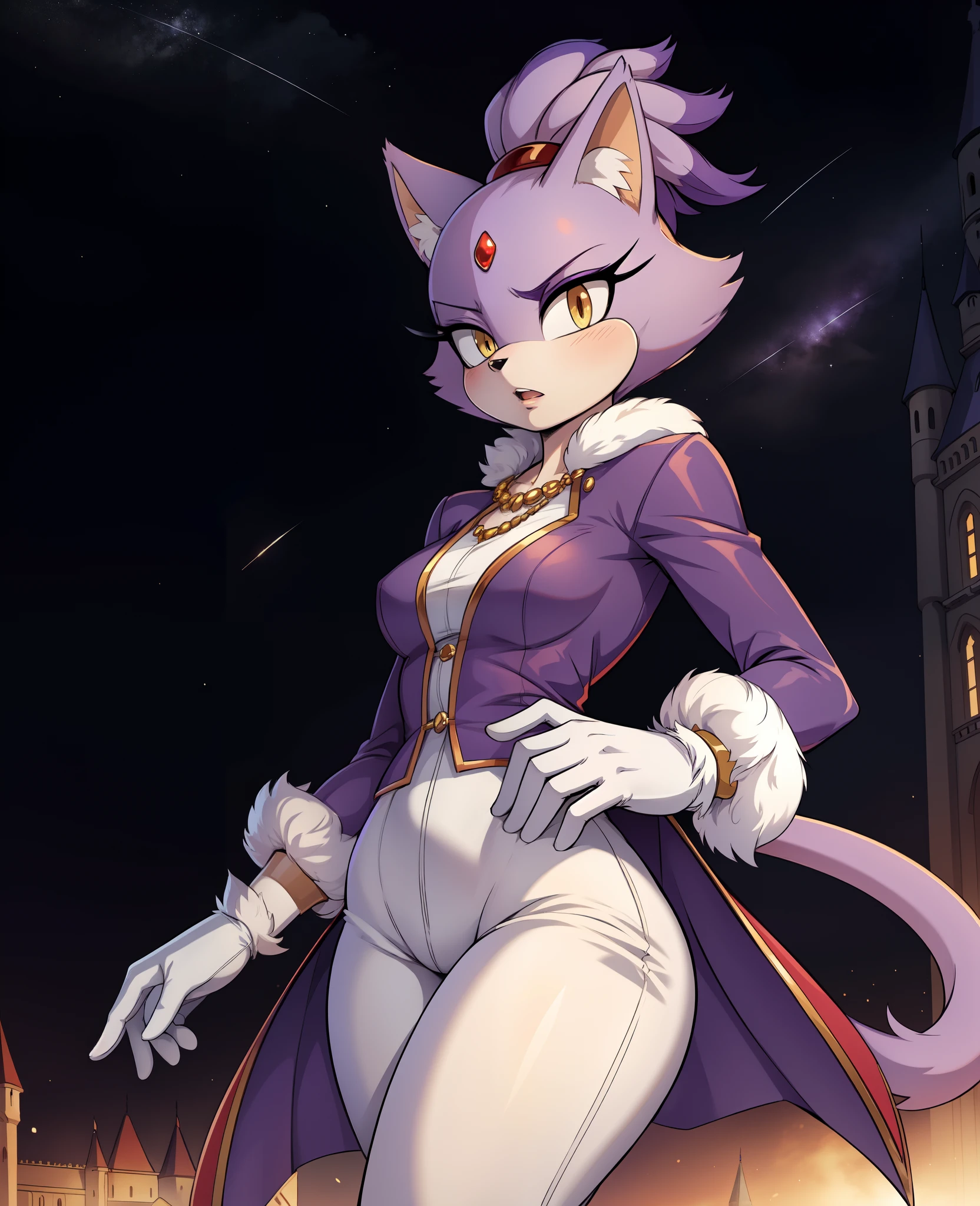 masterpiece, best quality, highres, Blaze The Cat, 1girl, gold necklace, white jumpsuit, animal_ears, closed_mouth, red forehead_jewel, fur-trimmed_gloves, fur_trim, furry, furry_female, gloves, long_sleeves, purple_coat, purple_hair, solo, standing, tied_hair, topknot, white_gloves, white_pants, yellow_eyes, tail, photo background, night sky, castle, solo, shooting star, star \(sky\), perfect hands, perfect anatomy