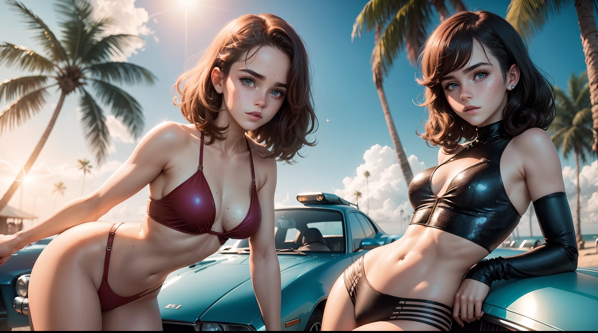 vintage manga sci-fi 80's. A beautiful teen emma watson standing beside a supercar. freckles, sparkly blue eyes. tight sparkly intricate red sparkly bikini. texturized crop top. background beach, palm trees. sunset.